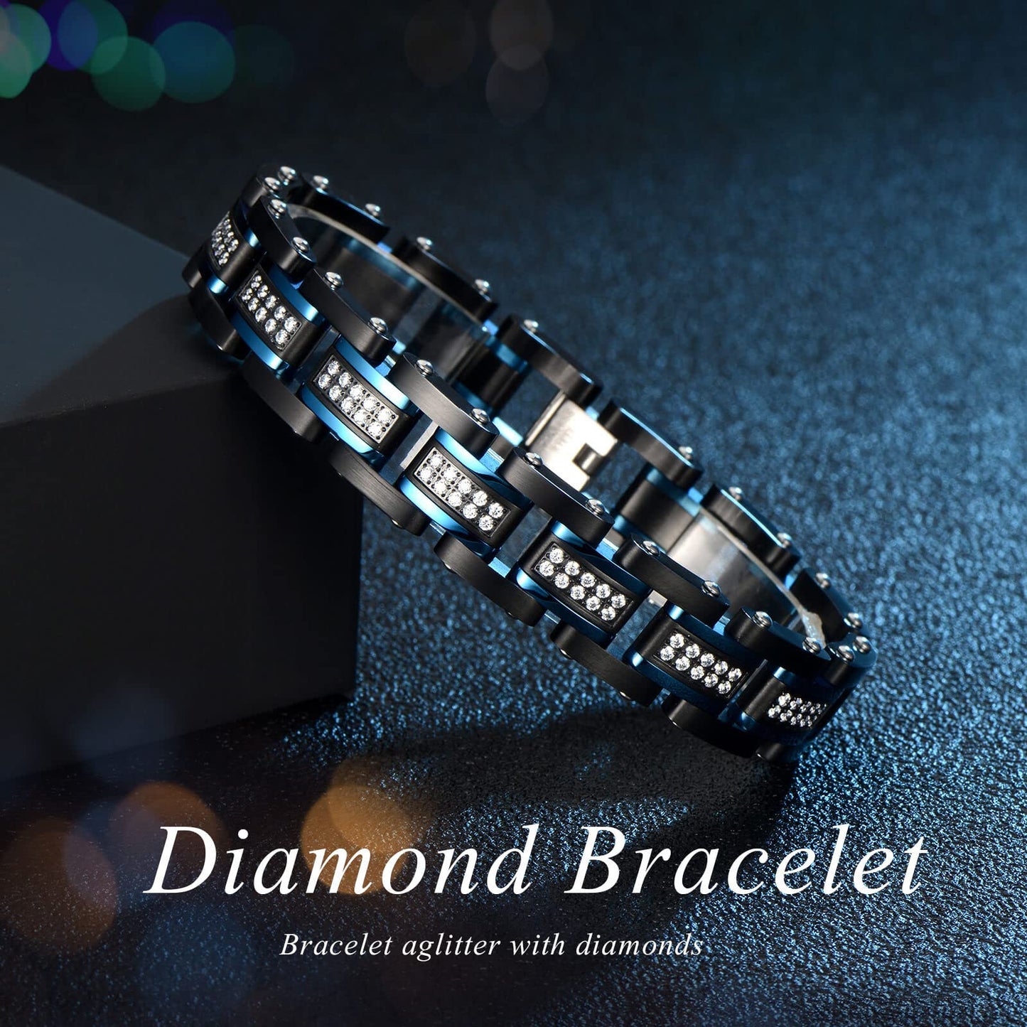 Ziallay Link initial bracelet hip hop jewel gift men Ms. Christmas birthday jewel gift boyfriend son fashion bracelet, diamond, double tone bracelet. (Blue black)