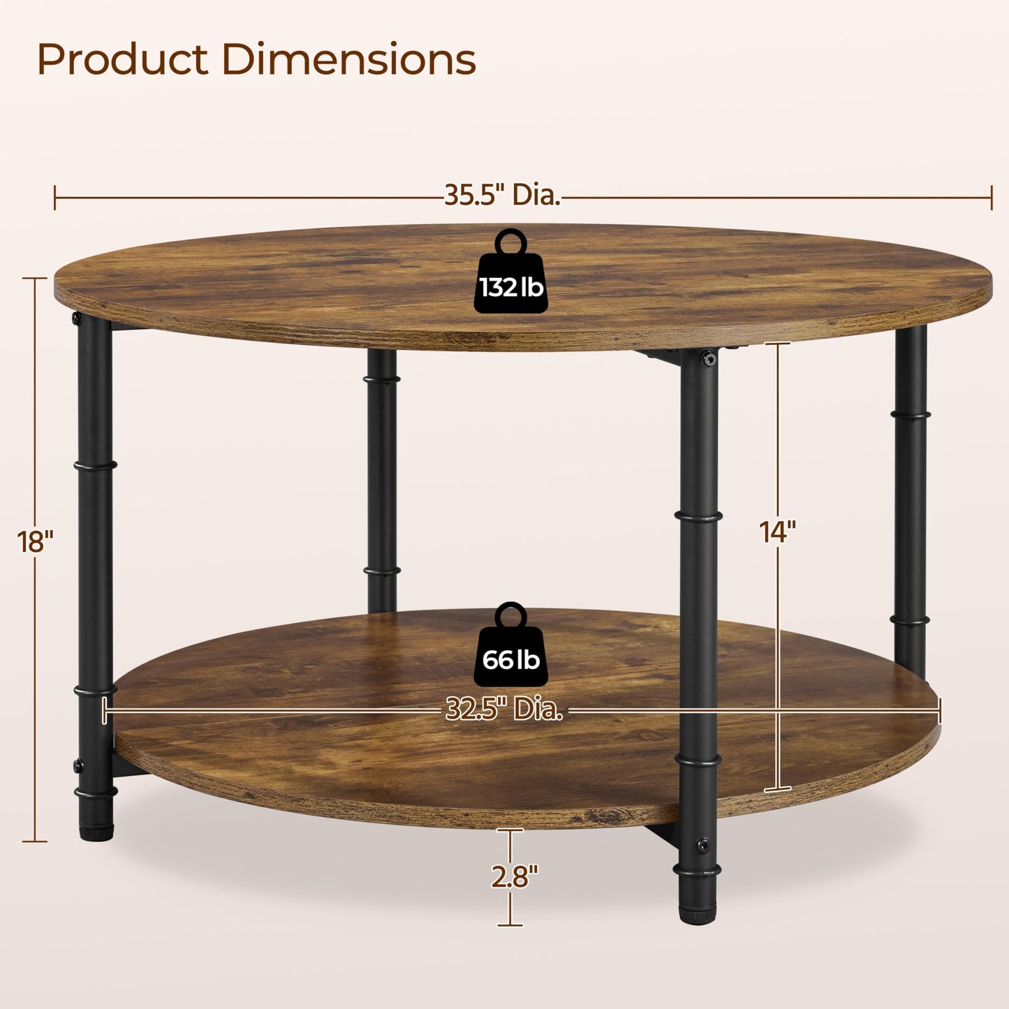 Yaheetech Round Coffee Table, 2 Tier Coffee Table with Storage, Modern Center Tables for Living Room, Easy to Assemble, 35.5 x 18 Inches Rustic