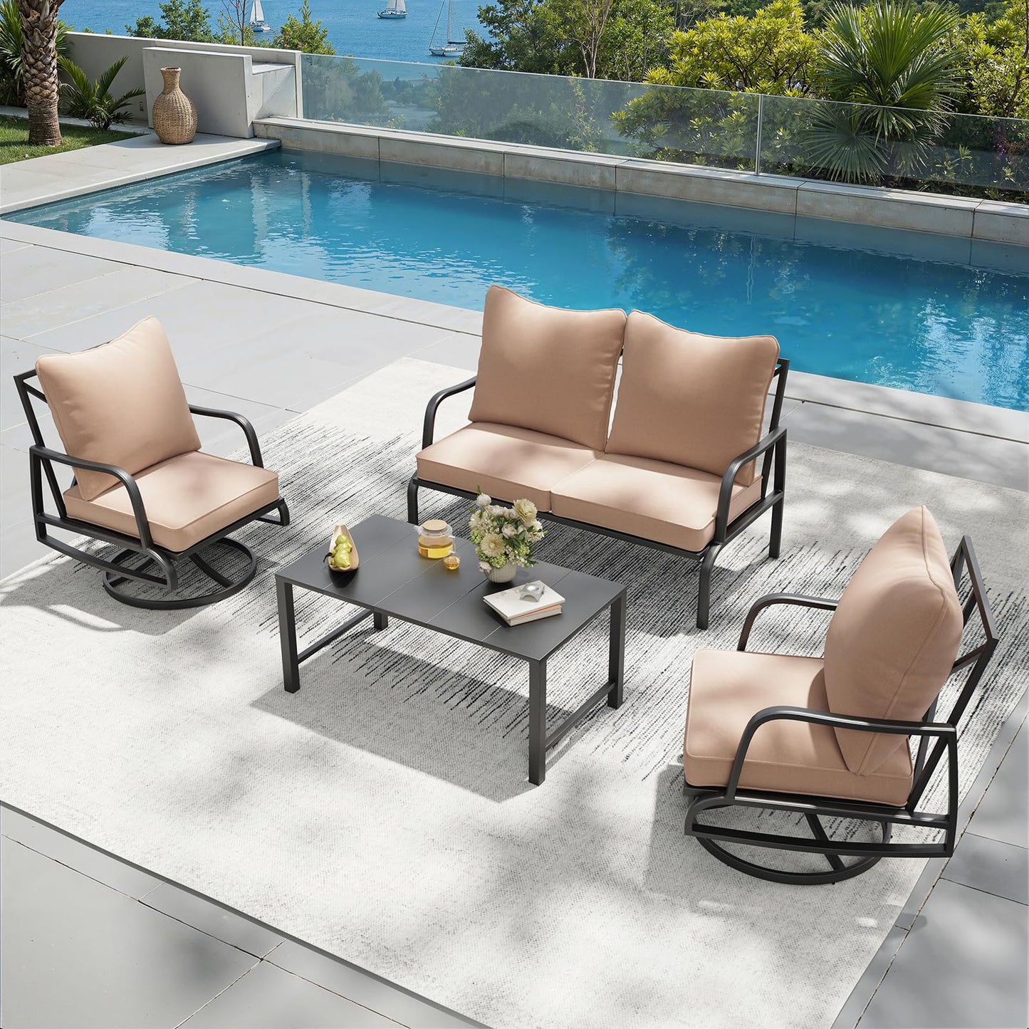 Soohow Outdoor Patio Conversation Set, 4 Seat Patio Furniture Set, Loveseat Sofa + 2 Swivel Sofa with 4" Cushion & Coffee Table for Porch, Poolside, Deck, and Yard