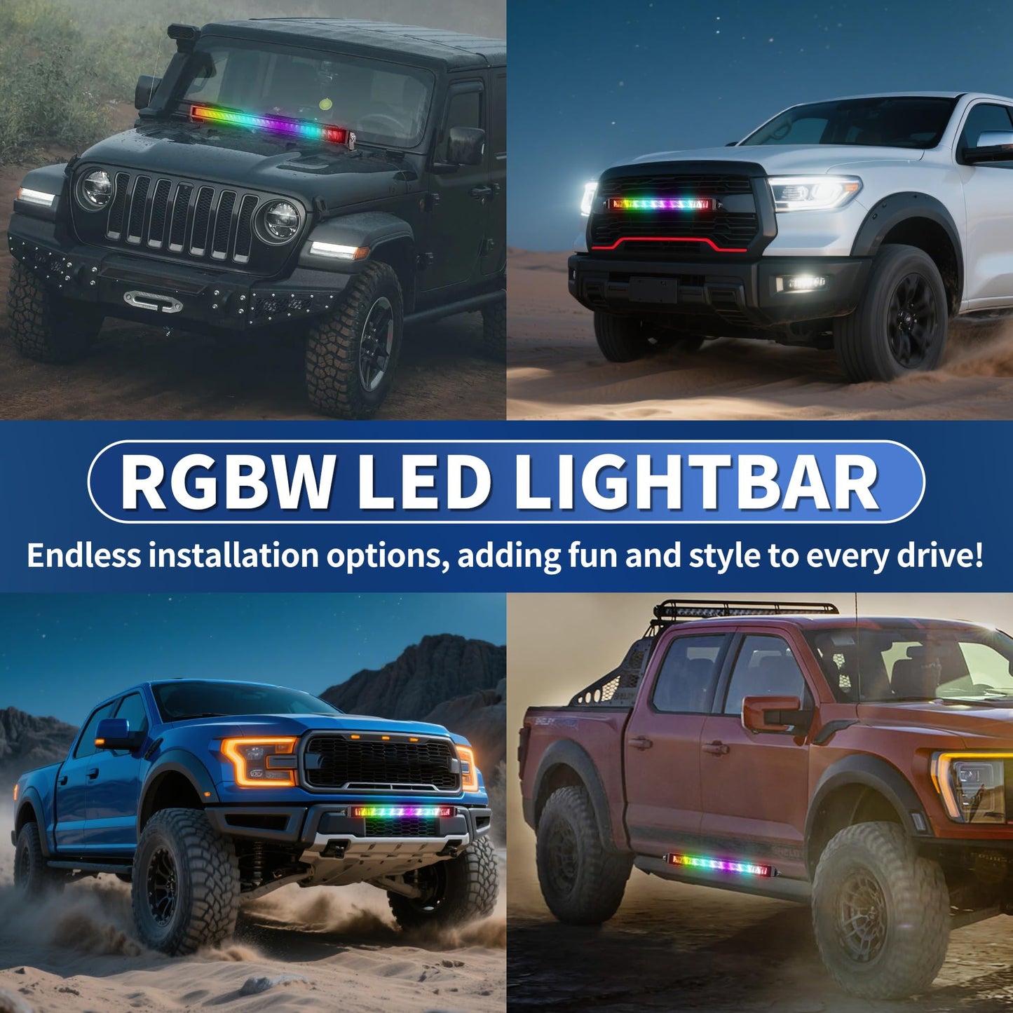 4WDKING Patented RGB Offroad LED Lights Driving/Fog/Pod Lights LED Bar for Trucks/Cars/Boat/ATV/UTV Super Bright IP68&IP69K Multi-Color Working Beam Lamp (32 inch)