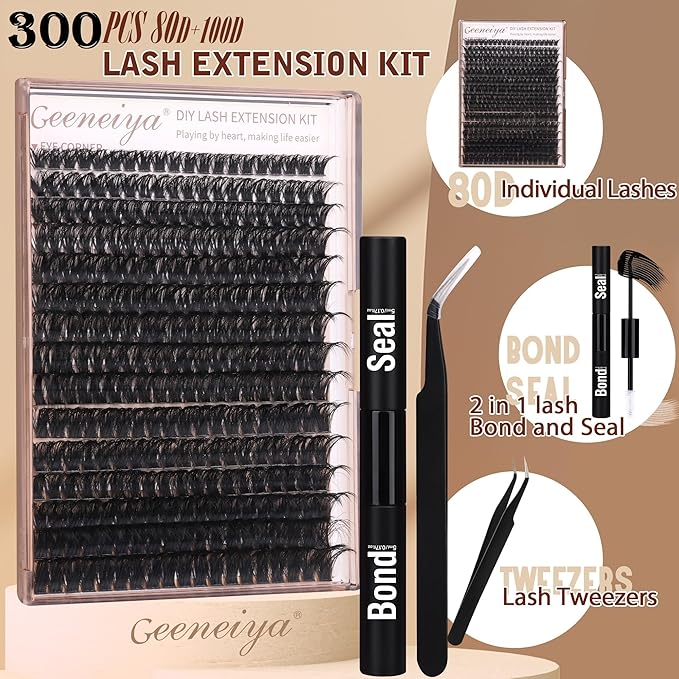 Geeneiya Volume Lash Clusters Kit DIY Lash Extension Kit D Eyelash Extensions with Lash Bond and Seal Tweezers,10-14mm Eye Corner Eyelashes and 16-18MM Cluster Lashes 300Pcs