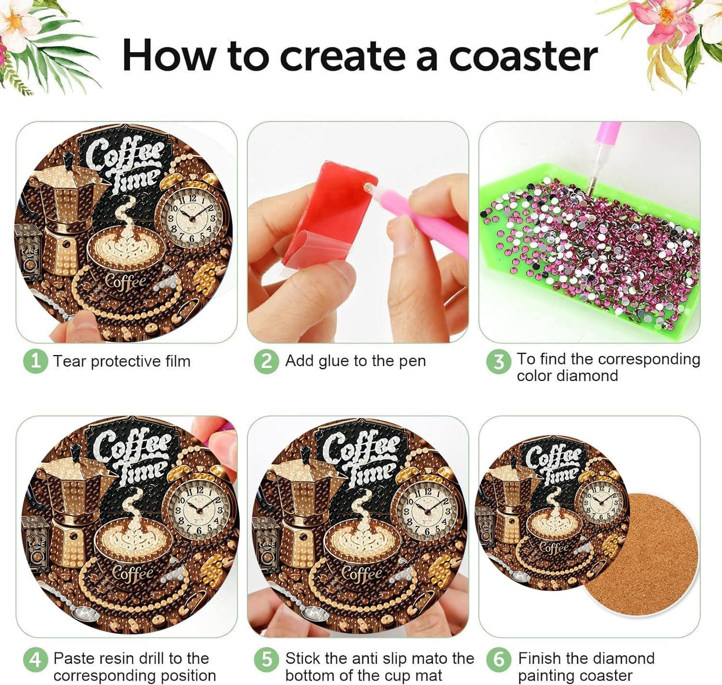 8 Pcs Coffee Diamond Art Coasters Kits, Coffee Diamond Painting Coasters Kit Set with Holder Cork Pads, DIY Diamonds Art Non Slip Coaster Crafts Kits for Adults Beginners Gifts