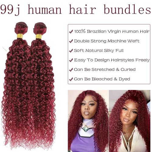 Fabimiya Human Hair Bundles Burgundy 99J Jerry Curly 26 28 30 Inch Bundles Human Hair 100% Unprocessed Burgundy Soft Sewn In Hair with Double Weft for Black Women