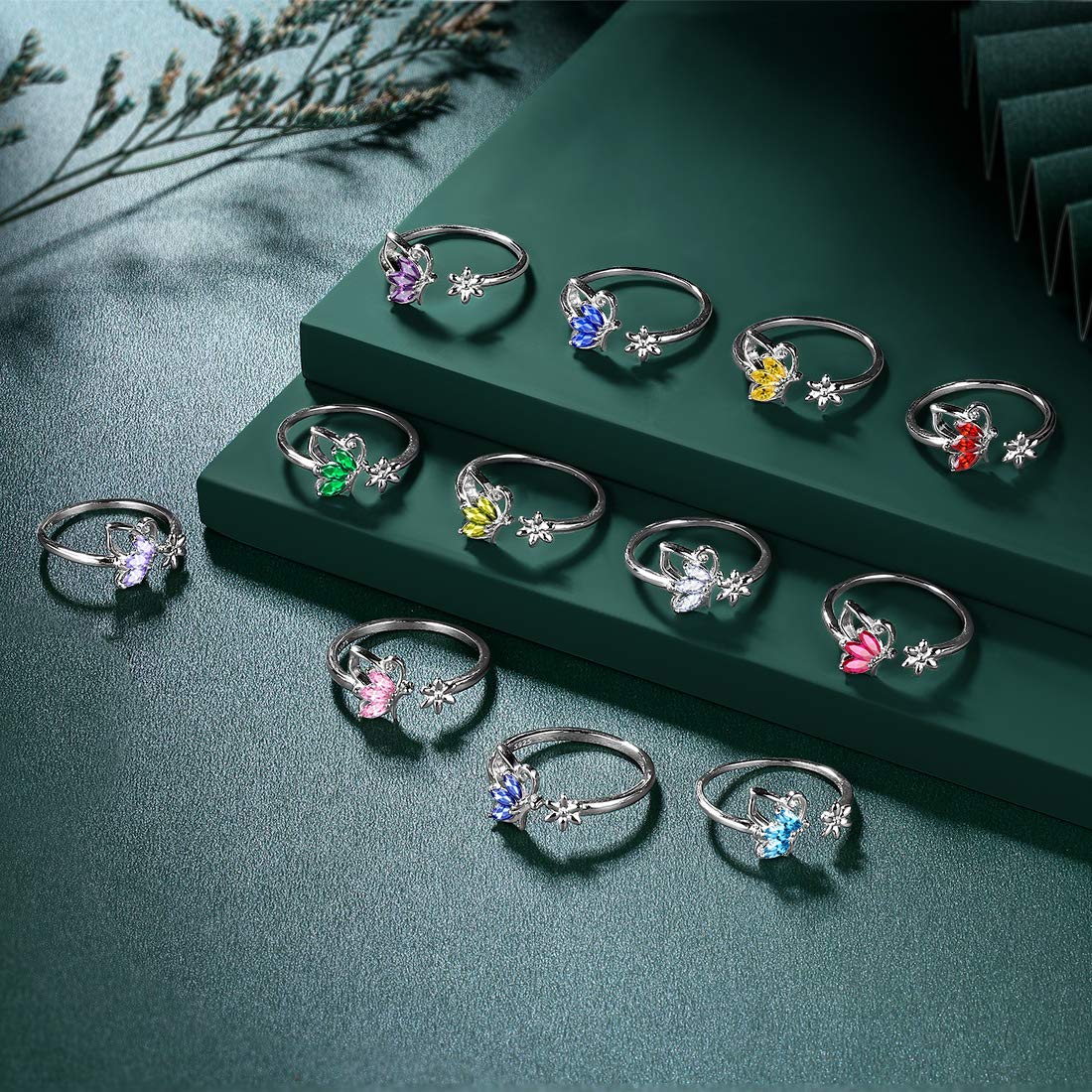 Hipunk Butterfly Pink Jewelry Sets Birthstone Women 925 Sterling Silver October-Tourmaline Birth Stone Animal Butterflies Jewelry Sets/Earring/Ring Set Crystal Birthday Jewelry SS0002O