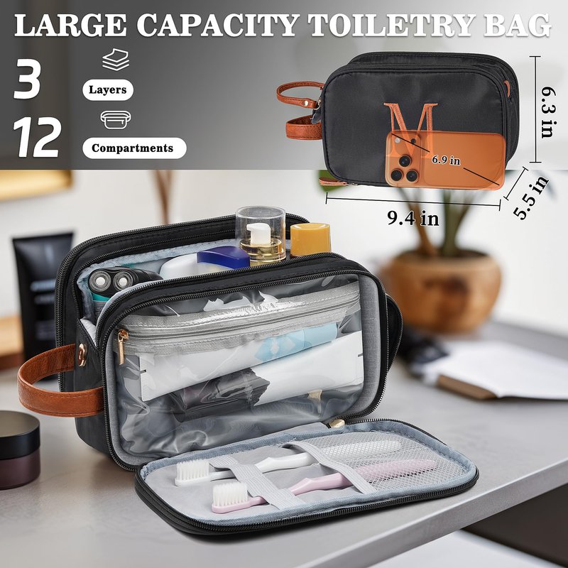 YOOLIFE Personalized Gifts for Men - Initial Black Toiletry Bag Makeup Bag | Dad Gifts for Birthday, Travel Toiletry Bags for Women Men, Travel Essentials Water Resistant M Black