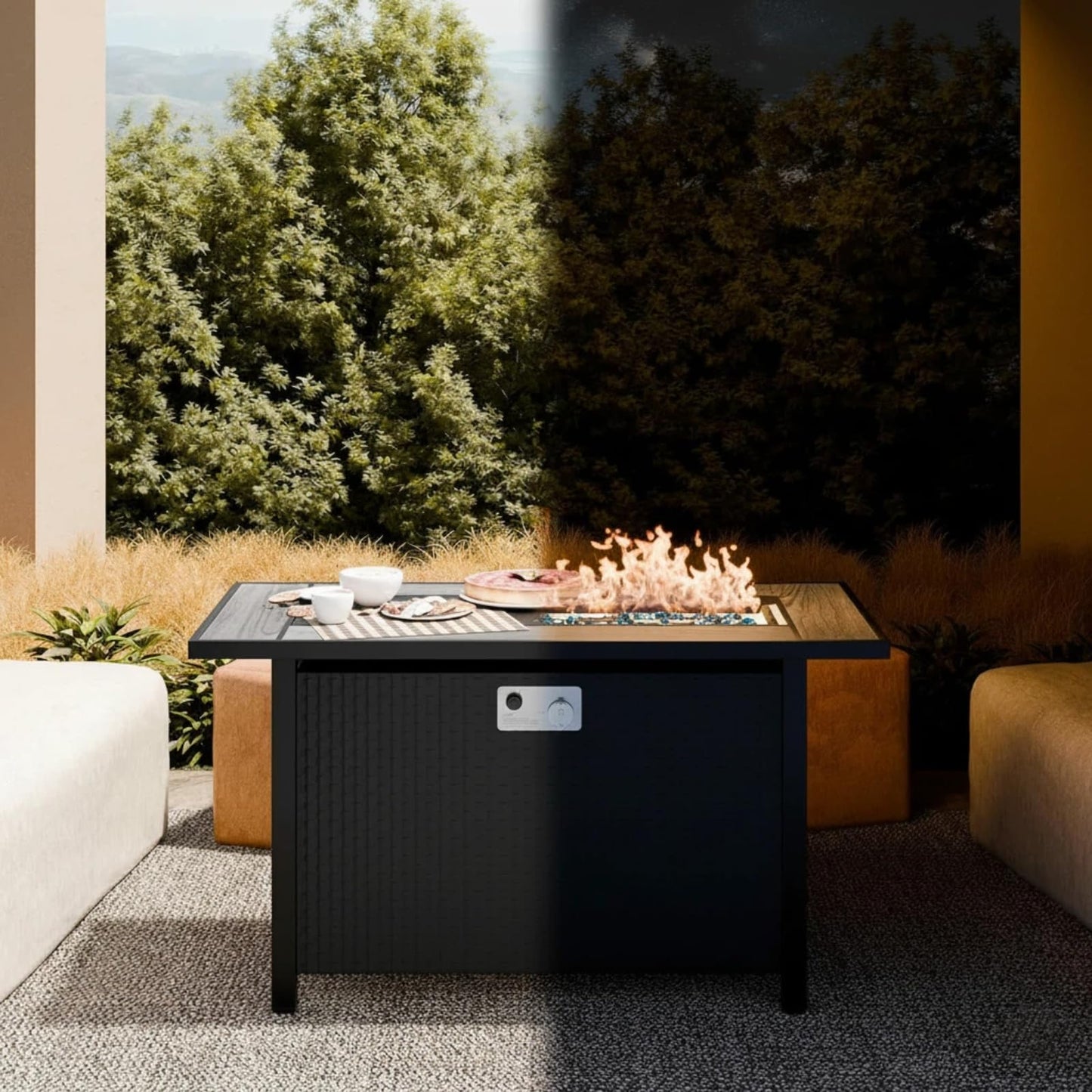 45 Inch Propane Fire Pit Table, 50,000 BTU Outdoor Gas Fire Pit for Patio & Backyard, 2-in-1 Firepit Dining Table with Glass Wind Guard, Blue Glass Rocks & Waterproof Cover, Grey
