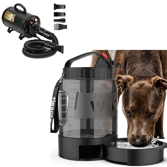 77OZ Large Dog Water Bowl Dispenser with Pull-Out Travel Water Bowls for Dogs + Dog Dryer for Pet Grooming, 3.2HP Adjustable Speed Temp Pet Hair Dryer