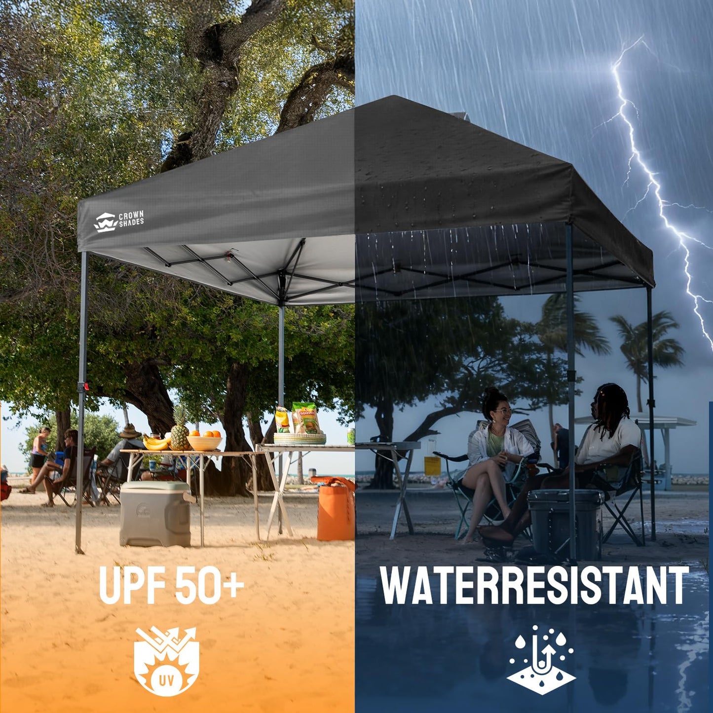 CROWN SHADES 10x10 Pop Up Canopy Tent - Patented Center Lock One Push Instant Outdoor Canopy Beach Tent with STO-N-Go Bag 8 Stakes & 4 Sand Bags，Grid Grey