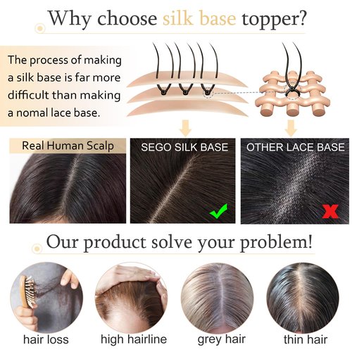 SEGO Hair Toppers for Women Human Hair With Thinning Hair, 7 * 13CM Silk Base 100% Real Human Hair Clip in Top Wiglet Hairpieces -10 Inch No Bangs Dark Brown