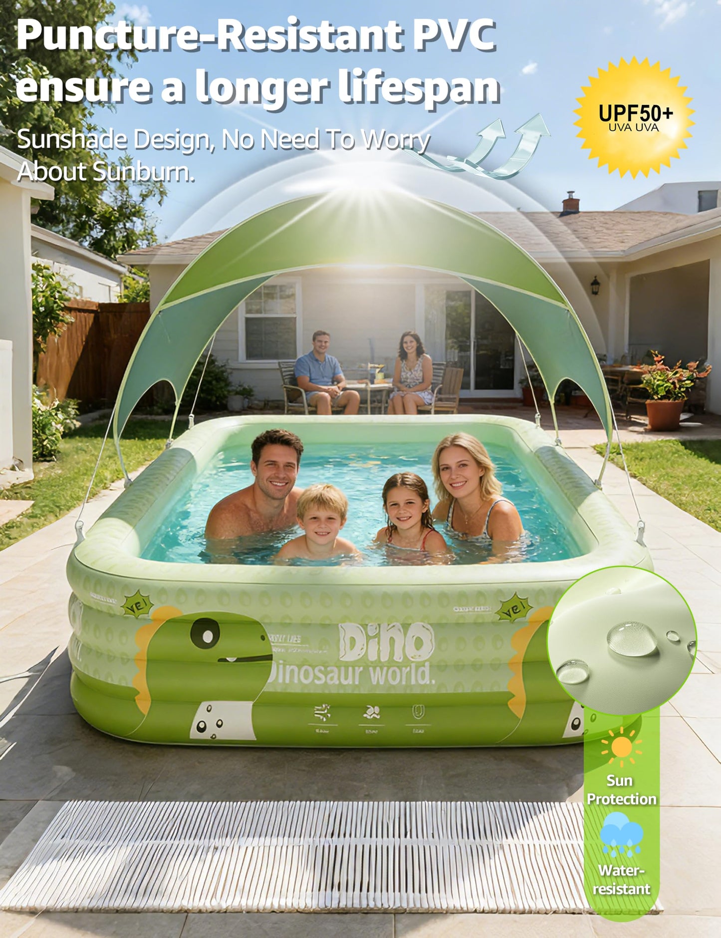 120" Large Inflatable Pool for Kids with Removable Canopy, 4-Layer Blow up Pool, 0.32mm Heavy Duty PVC, Family Durable Swimming Pool for Adults Pets Backyard Summer Green