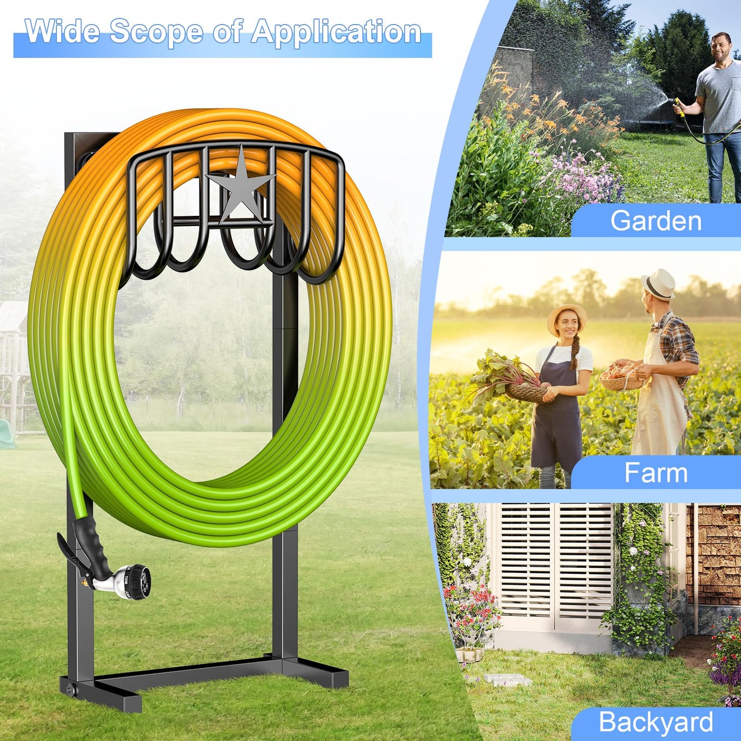 Mogaath Garden Hose Holder, Heavy Duty Freestanding Metal Stand, 165FT Garden Hose Storage with 4-Spike Stable Base, Rustproof Water Hose Holder for Outdoor Yard Lawn Garden Black