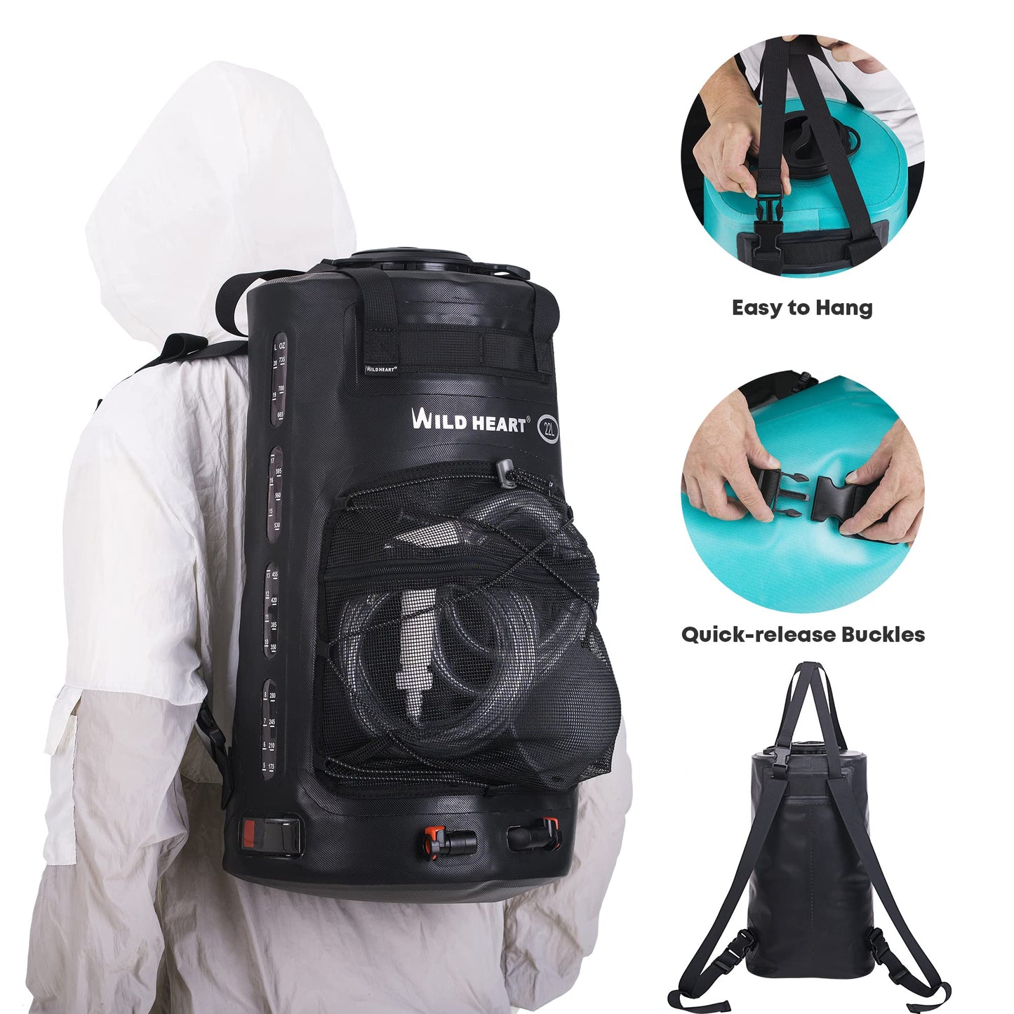 WILD HEART Camping Shower 5.8 Gallons/22L Portable Camp Shower Bag with Upgraded Screw Lid, Water Level Window, Pressure Foot Pump, and Handy Nozzle, Solar Shower for Camping Hiking Trip