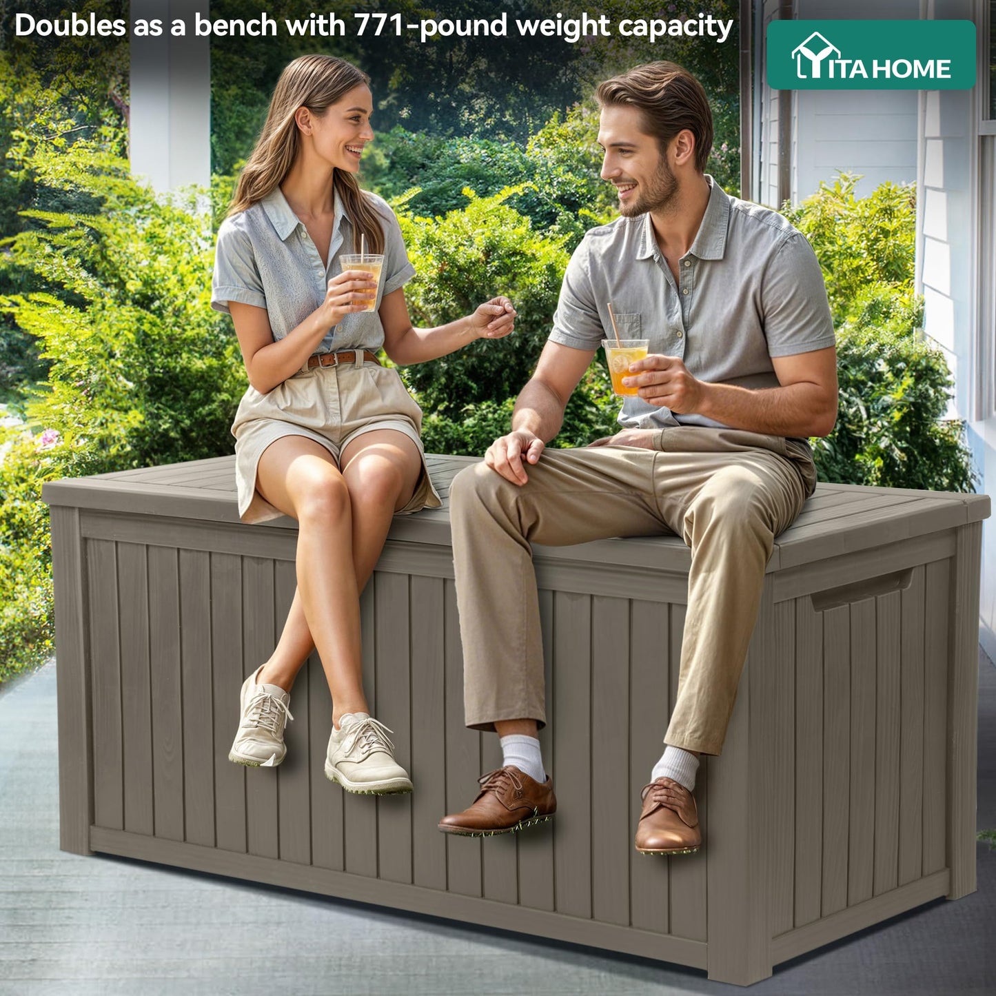 YITAHOME 220 Gallon XL Outdoor Storage Deck Box with Divider, Waterproof & Lockable, Ideal for Patio Furniture and Garden Tools, Resin-Built, Wood-Like Texture, Brown