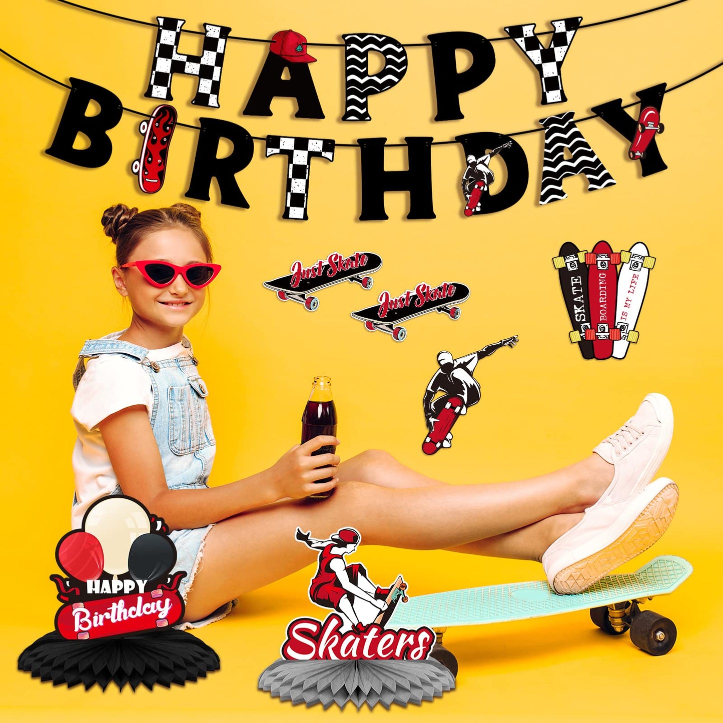 Outus 34 Pcs Skateboard Birthday Party Decorations Skater Party Supplies Skateboard Birthday Decorations Kit Banner Table Centerpieces Cupcake Topper Extreme Skateboarding Cool Decor for Skater Gifts