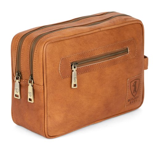 BERLINER BAGS Vintage Genuine Leather Toiletry Bag Paul, Two Zippered Compartments, Large Capacity Cosmetics Bag for Men and Women for Travel - Brown (2 Compartments)