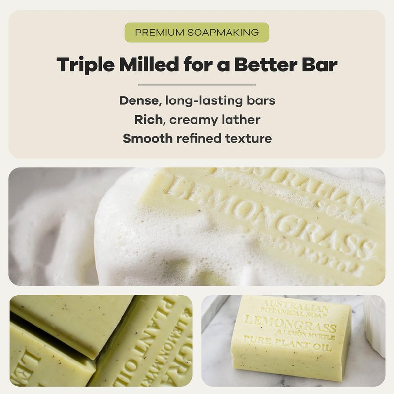 Australian Botanical Soap, 6.6 OZ, Lemongrass and Lemon Myrtle, Triple Milled Bars made with a Natural Soap Base and Enriched with Organic Shea Butter, Pack of 8