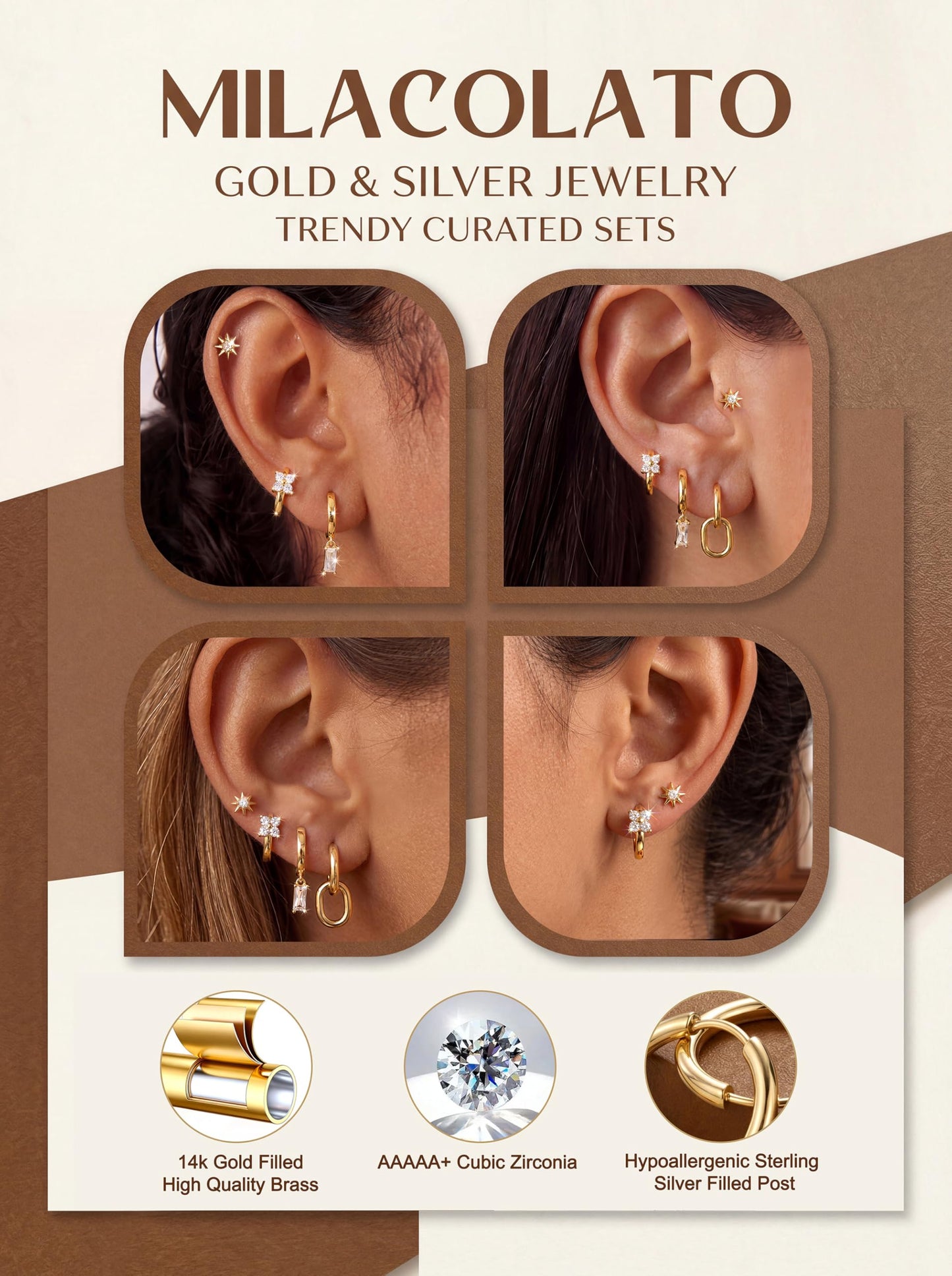 MILACOLATO 4 Pairs Gold Earrings for Women, Hypoallergenic 14K Gold Filled Small Stud Hoop Earrings Set for Multiple Piercing, Dainty Lightweight Cartilage Huggie Earrings Stacks Trendy Jewelry Gifts, D