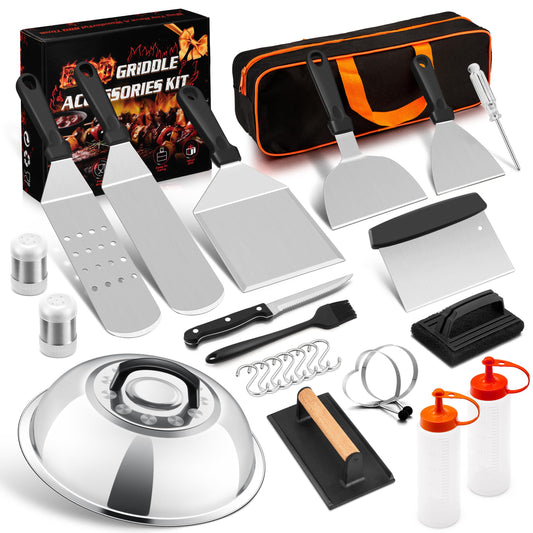 26 PCS Griddle Accessories Kit, HaSteeL Stainless Steel Flat Top Grilling Tools Set with Enlarged Spatulas, Scraper Chopper, Melting Dome for Outdoor Teppanyaki Barbecue