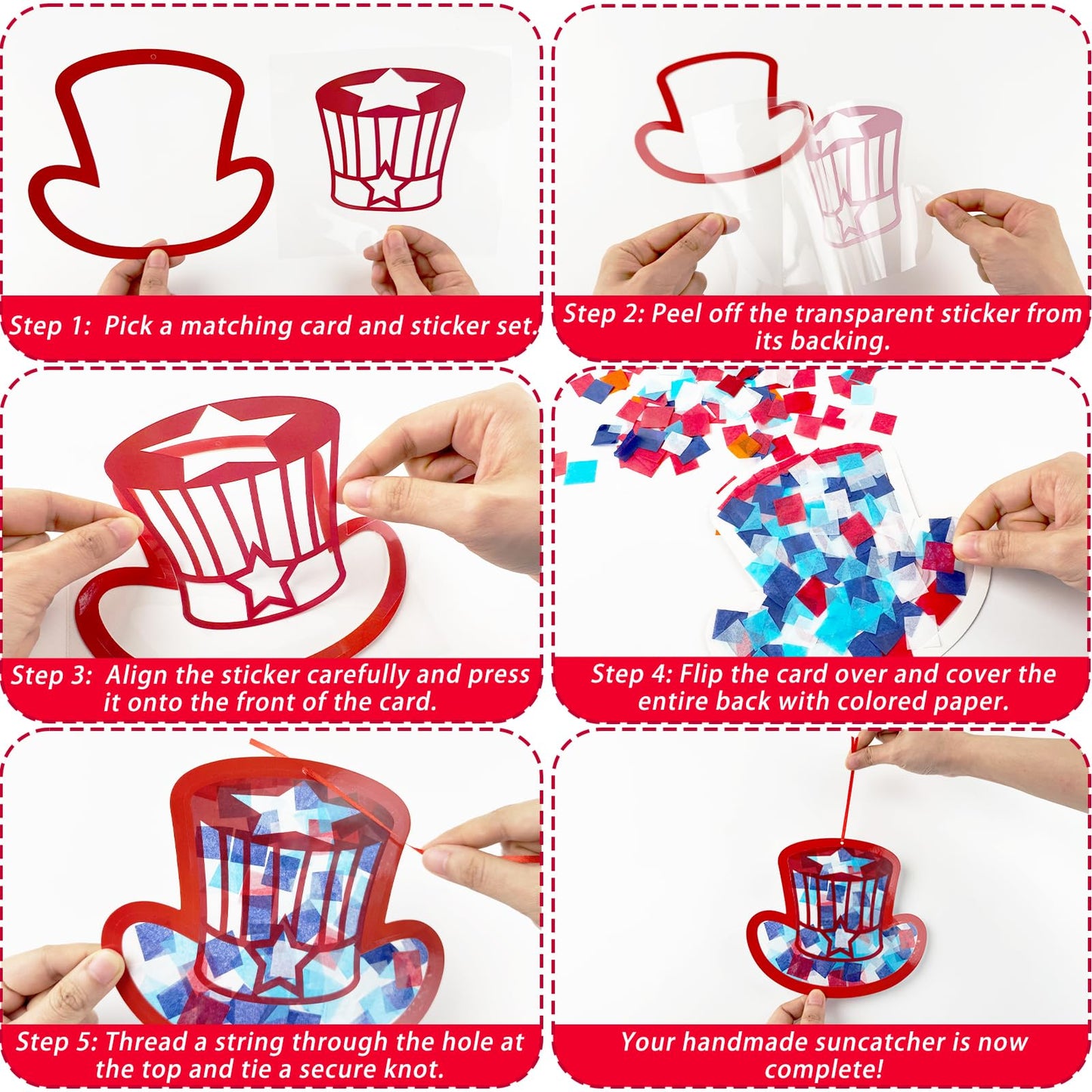 42 Packs 4th of July Suncatchers Crafts for Kids, Patriotic 250th Anniversary DIY Star Tissue Paper Sign Art Craft Kit Gift for Patriotic Religious Christian Classroom Church Activities Party Decor