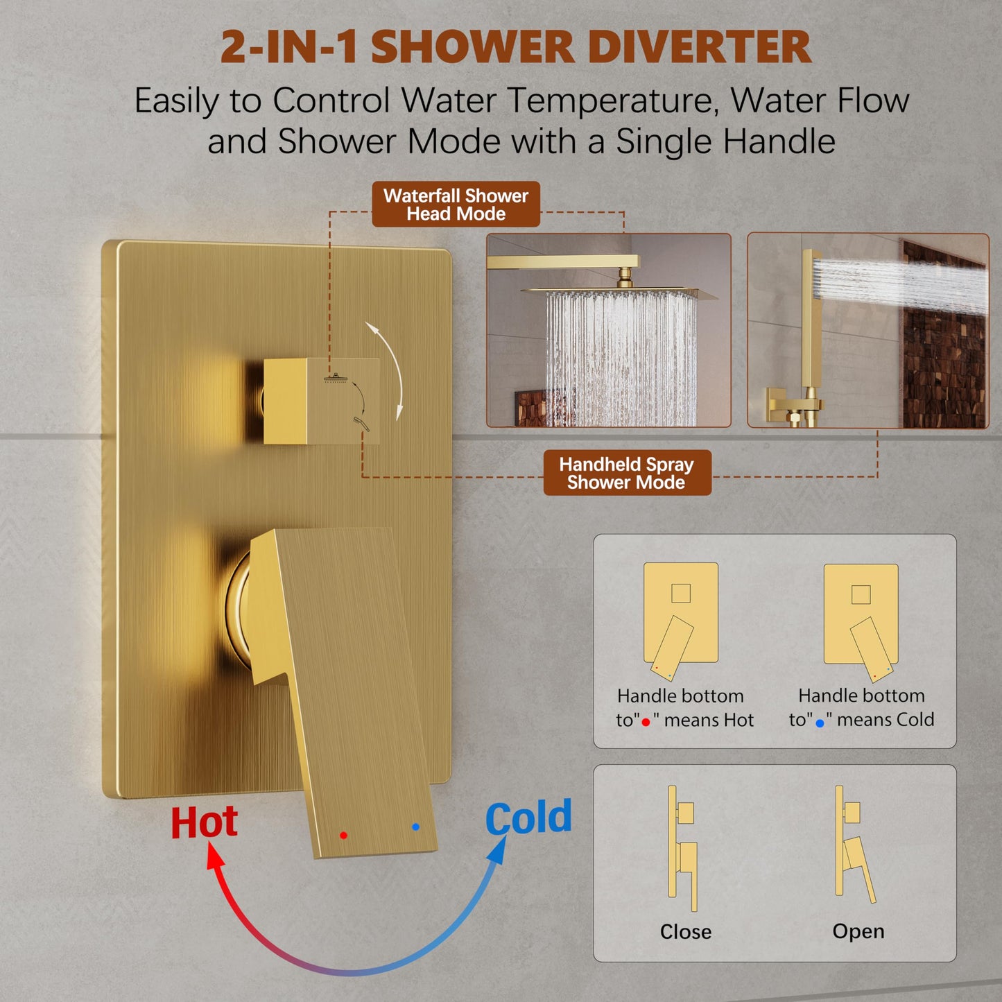 Kurpot Gold Shower System, 10'' Square Rainfall Shower Head with Handheld Combo Spray, Bathroom Brushed Gold Shower Faucet Set with Valve, 59'' Shower Hose, Shower Trim Kit and Diverter, Wall Mounted
