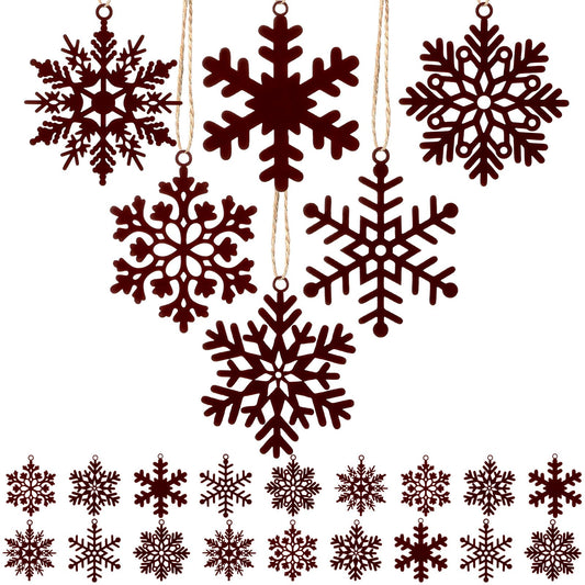 18 Pcs Rustic Metal Snowflake Winter Tree Ornaments Rusty Snowflake Ornaments with Twine Vintage Farmhouse Xmas Tree Hanging Decorations for Home Winter Holiday Party Decor