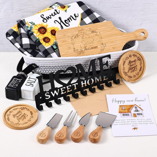 14 Pcs House Warming Gift New Home Gift Basket with Bamboo Serving Board, Dish Towels, Cheese Knife Set, Key Holder for Couples Women Men Clients, Closing Gift for Home Buyers, New Homeowner