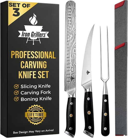 Brisket Knife Set for Meat Carving & BBQ - 12" Slicing Knife, 6" Boning Knife & Carving Fork for Smooth Meat Cutting, Full Tang & Ergonomic - Razor Sharp German Steel, Grilling Gifts for Men