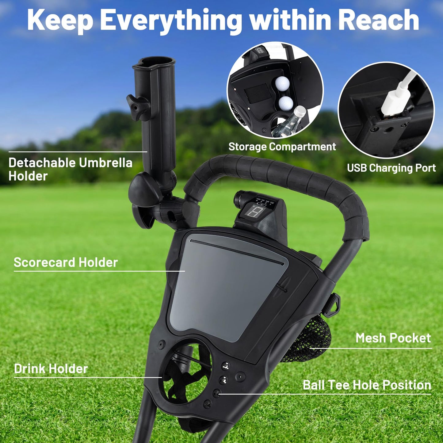 Tangkula Electric Golf Push Cart, Foldable 3 Wheels Golf Cart with Adjustable Handle & 9 Speed Settings, 18 Hole Battery, Umbrella Holder, Drink Holder, Scorecard Holder, Cooler Bag & USB Port, Black