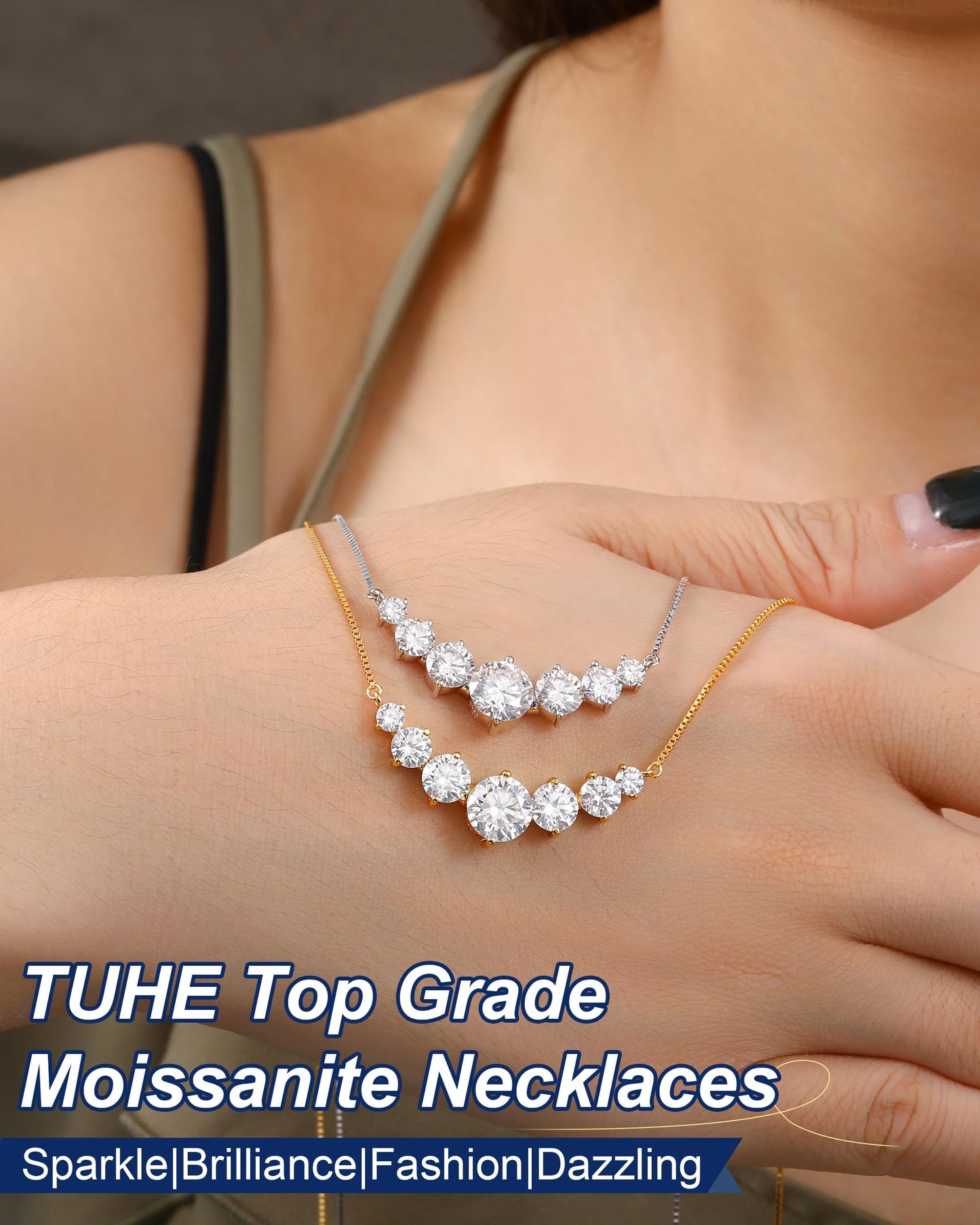 1.7 Carat Simulated Diamond Necklace for Women, 7 Stones Moissanite Pendant Necklaces 18k Yellow Gold Plated Sterling Silver Moissanite Necklace 19 inch Adjustable Box Chain Jewelry Gifts for Mom Wife