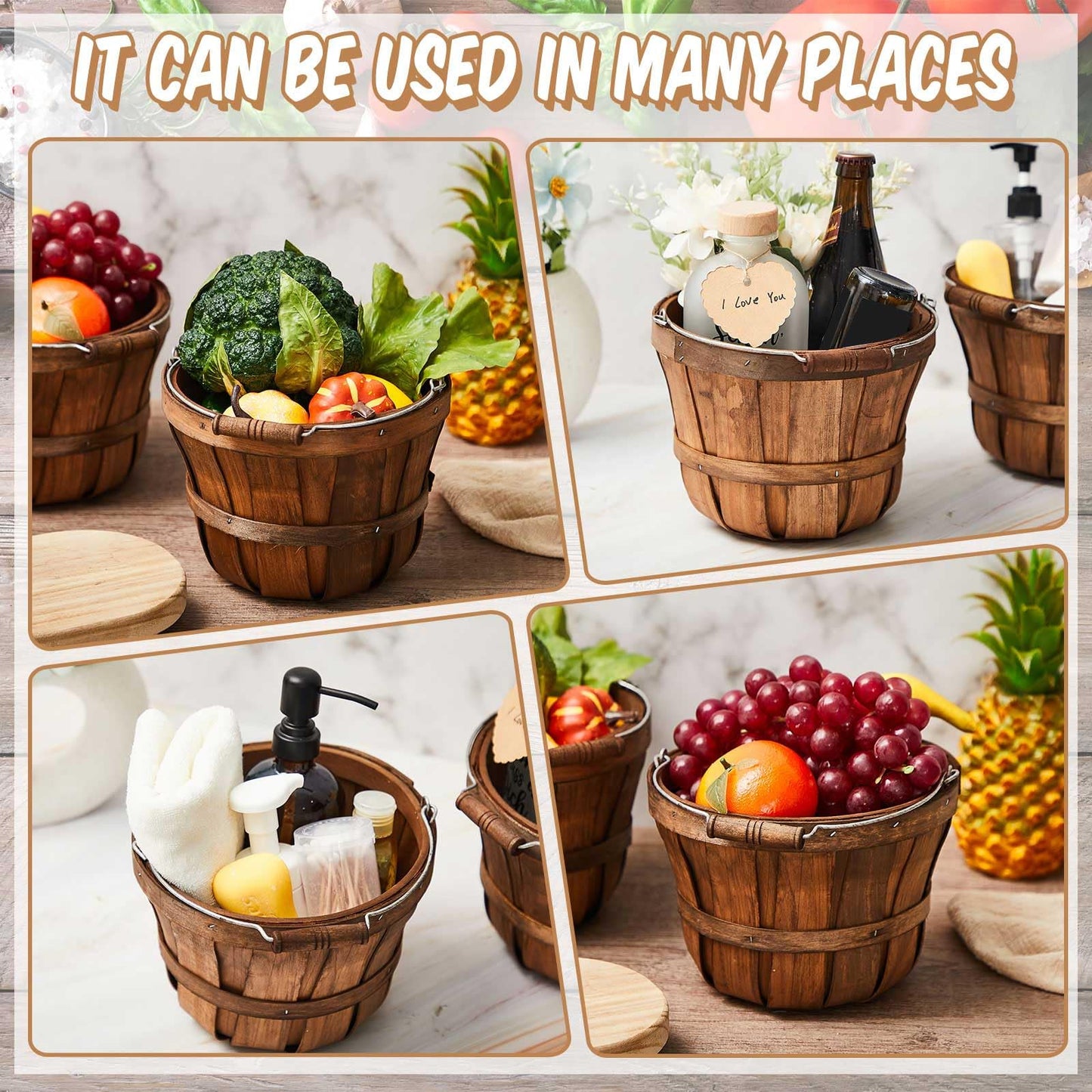 Marsui 10 Pcs Round Wooden Berry Baskets Small Bushel with Handles for Gifts Empty Basket Fruit Buckets for Picking Strawberry Fruits Flowers Crafts Home Wedding (Dark Brown)