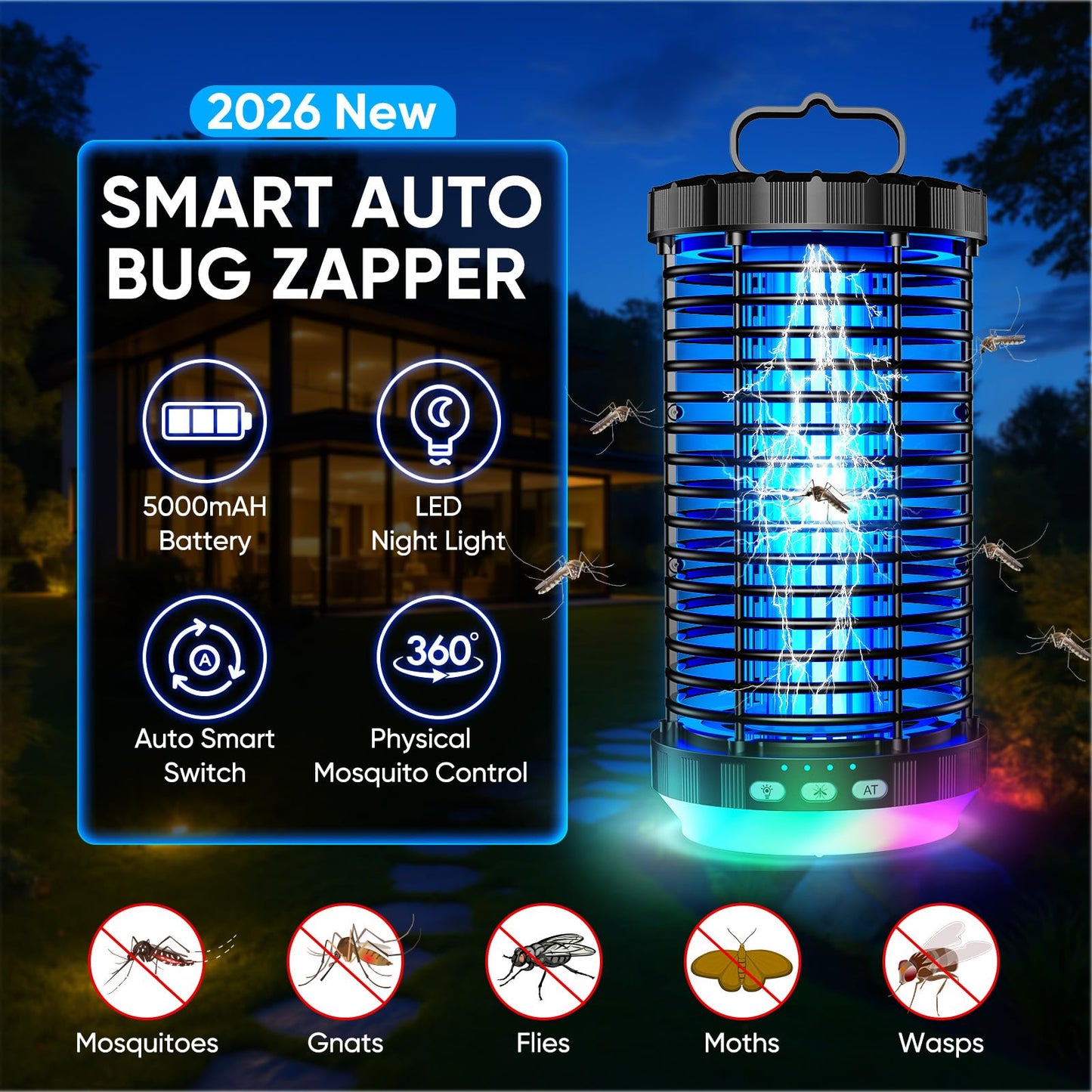 CreateFun Bug Zapper Outdoor, 2026 Upgraded 3 in 1 Rechargeable Bug Zapper with 5000mAh Battery & LED Night Light, 4000V Cordless Waterproof Mosquito Zapper for Outside,Patio,Backyard,Garden Black