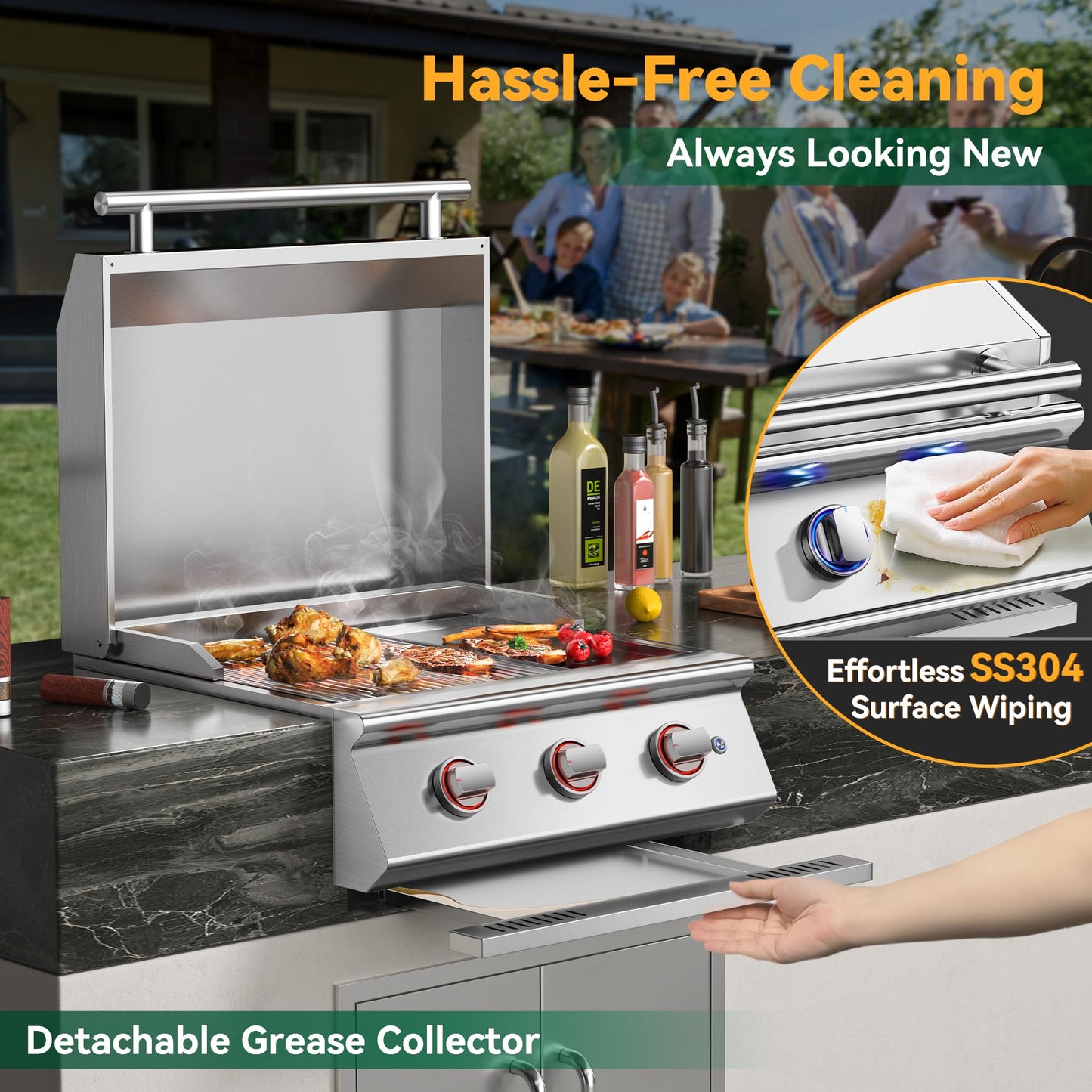 26 Inch BBQ Head Griddle Grill Combo for Outdoor Kitchen, Liquid Propane Bulit-in Grills for Barbecue Island, 3-Burner, 3 * 14,000 BTU, Premium 304 Stainless Steel, Convertible to Natural Gas