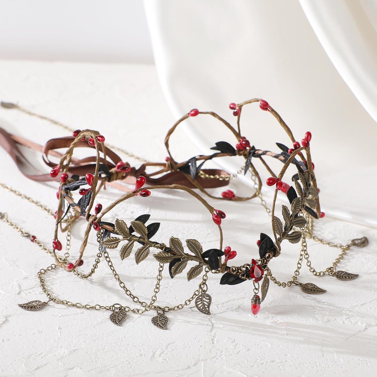 MOSTORY Gothic Flower Elf Crown - Dark Fairy Crown with Tassel for Vampire Accessories Women Witch Aesthetic, Medieval Elven Headpiece with Leaves for Renaissance Renfaire Cosplay