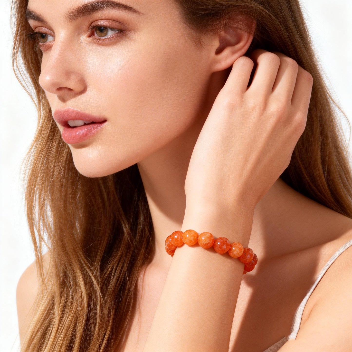 Natural Orange Calcite Bracelet for Women, Sun Stone Healing Crystal Adjustable Stretchy 8mm Round Beads Bracelets Reiki Chakra Man Jewelry Gifts (Orange Calcite)