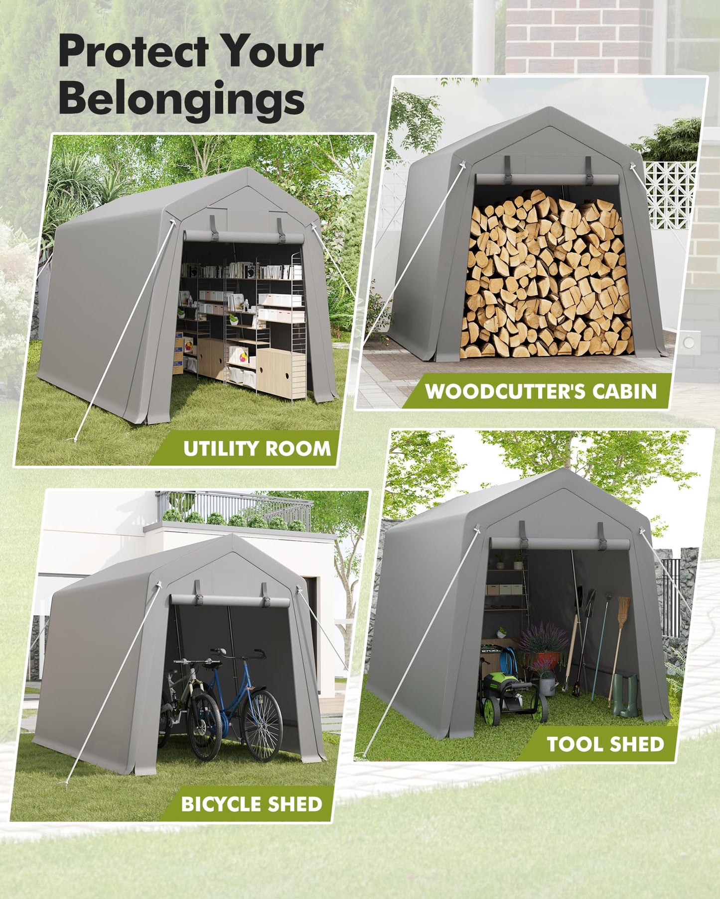 GarveeLife 6 x 8 ft Carport Storage Shed, Portable Garage with Roll-up Zipper Door, Heavy Duty Waterproof Tarp, Storage for Motorcycle, Bike, Firewood, Garden Tools