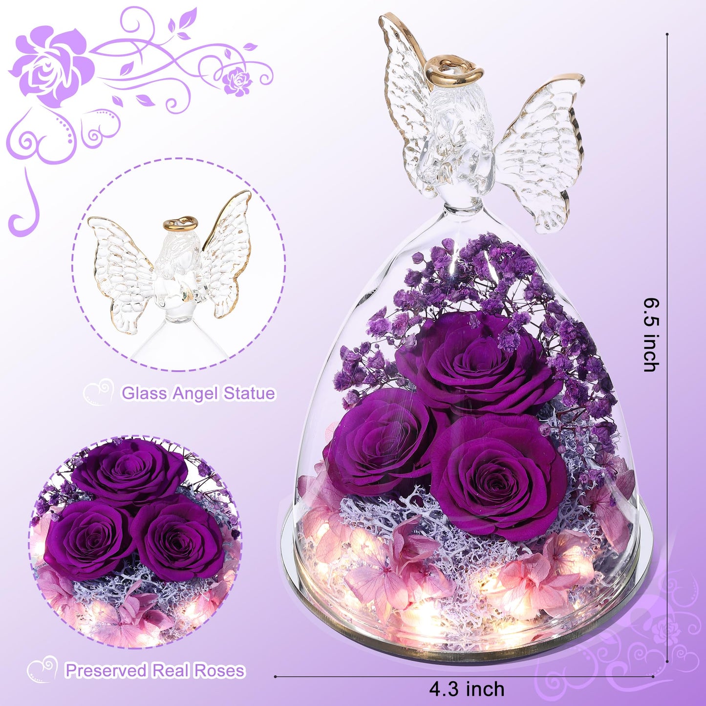 Tiaronics Mothers Day Rose Gifts for Women Preserved Real Flower in Glass Angel Figurines Roses for Delivery Prime Birthday Gifts for Mom Grandma Girlfriend Wife Her, Full Purple