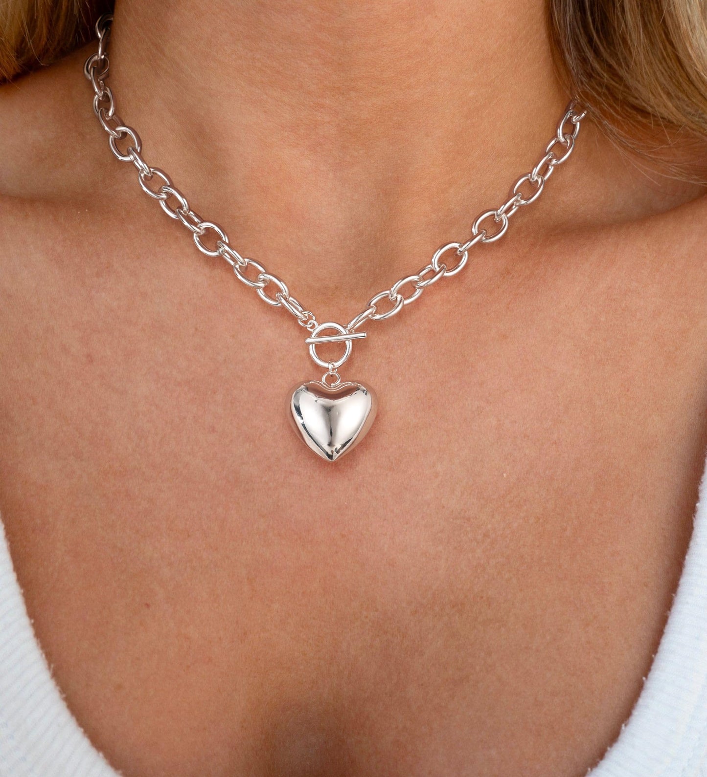 Freekiss Toggle Necklaces for Women with Heart: Chunky 925 Sterling Silver Choker Lover Pendant Necklace for Women Trendy Dainty Hypoallergenic Paperclip Necklace Womens Jewelry Gifts