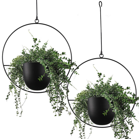 ABETREE 2 Pcs Hanging Planters for Indoor and Outdoor Plants with Hooks and Chains, Metal Modern Wall Ceiling Planter Hangers Minimalist Flower Pot Holder Basket for Home Decor(Black)
