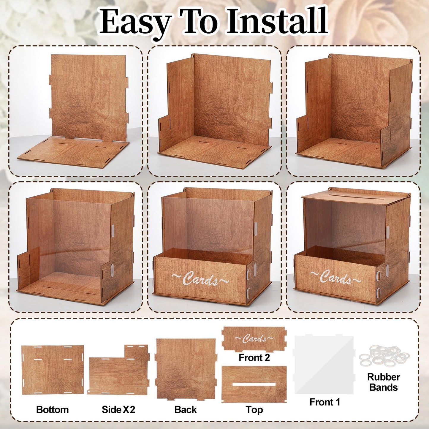 AceOrbit Wooden Rustic Wedding Card Box for Reception with Acrylic Window & Flower Holder, 9.8" Wood Money Gift Card Box with Slot, Holds 250 Cards, for Honeymoon Fund Graduation Baby Shower Party