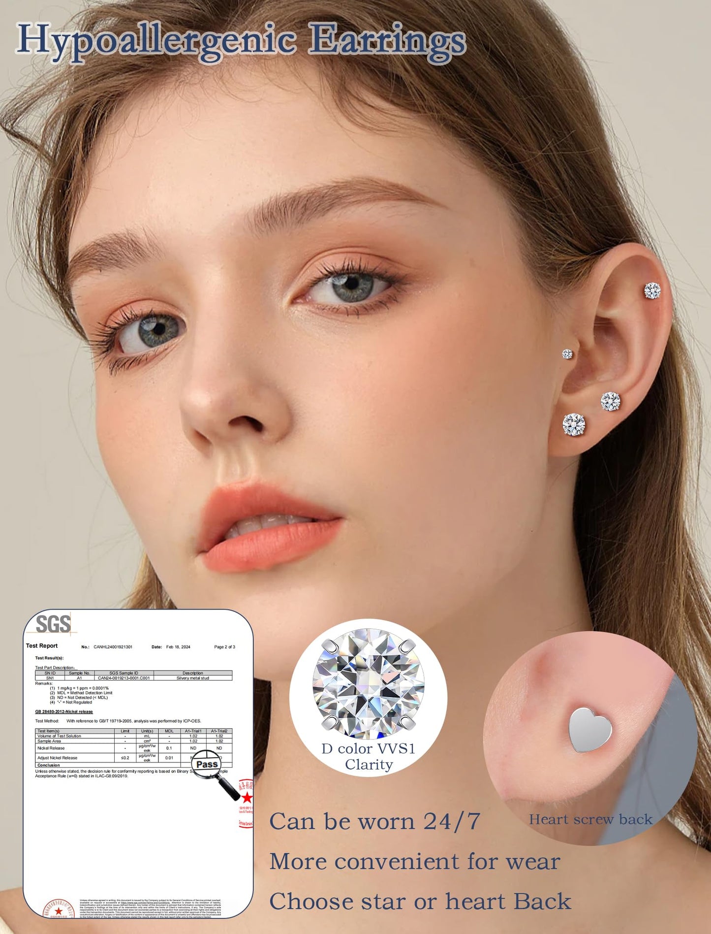 Limerencia Moissanite Stud Earrings for Women Men, F136 Hypoallergenic Titanium Earrings for Sensitive Ears, 18K White Gold Plated Heart Flat Back, D Color VVS1 Clarity, GRA Certificate