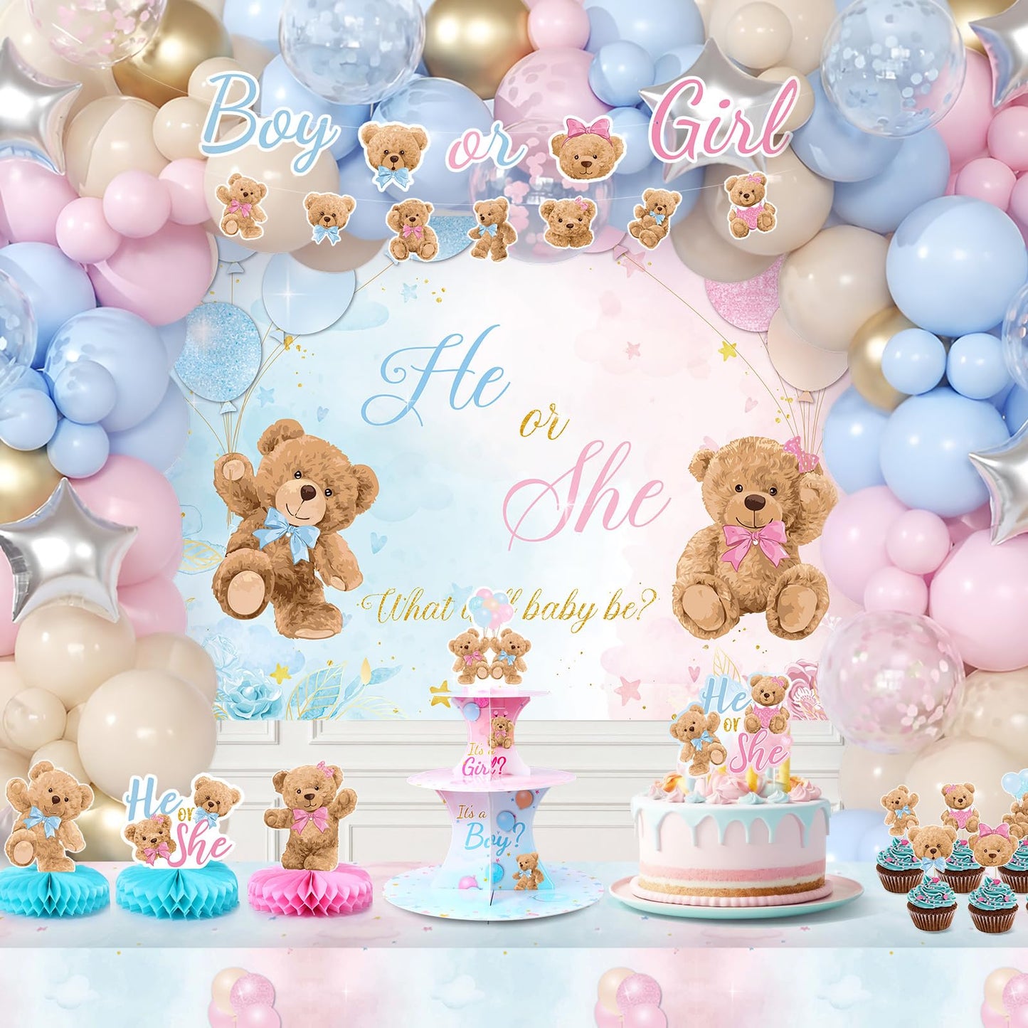 Duraaamo 207Pcs Bear Gender Reveal Party Decorations Boy or Girl Pack, Bear Balloon Kit with Backdrop Banner, Tablecloth, Balloon Boxes, Cupcake Stand, Sash, Pin for Baby Shower Gender Reveal Supplies