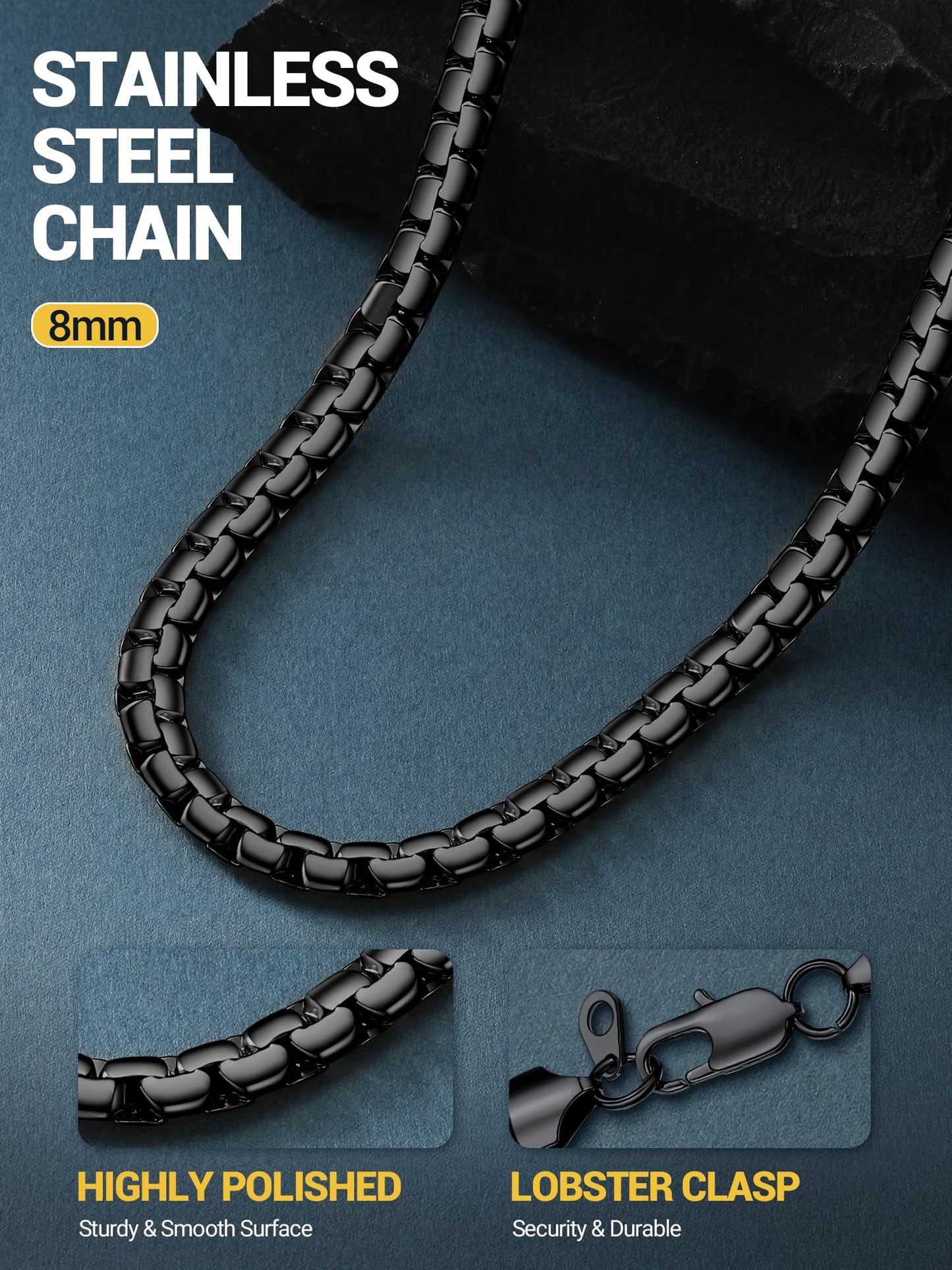 PROSTEEL Stylish Stainless Steel Flat Link Chain Necklace for Men, 2mm/4mm/6mm/8mm. Silver/18K Gold/Black, Hypoallergenic Jewelry, 14"-30", Come with Box, Black8mm-30in