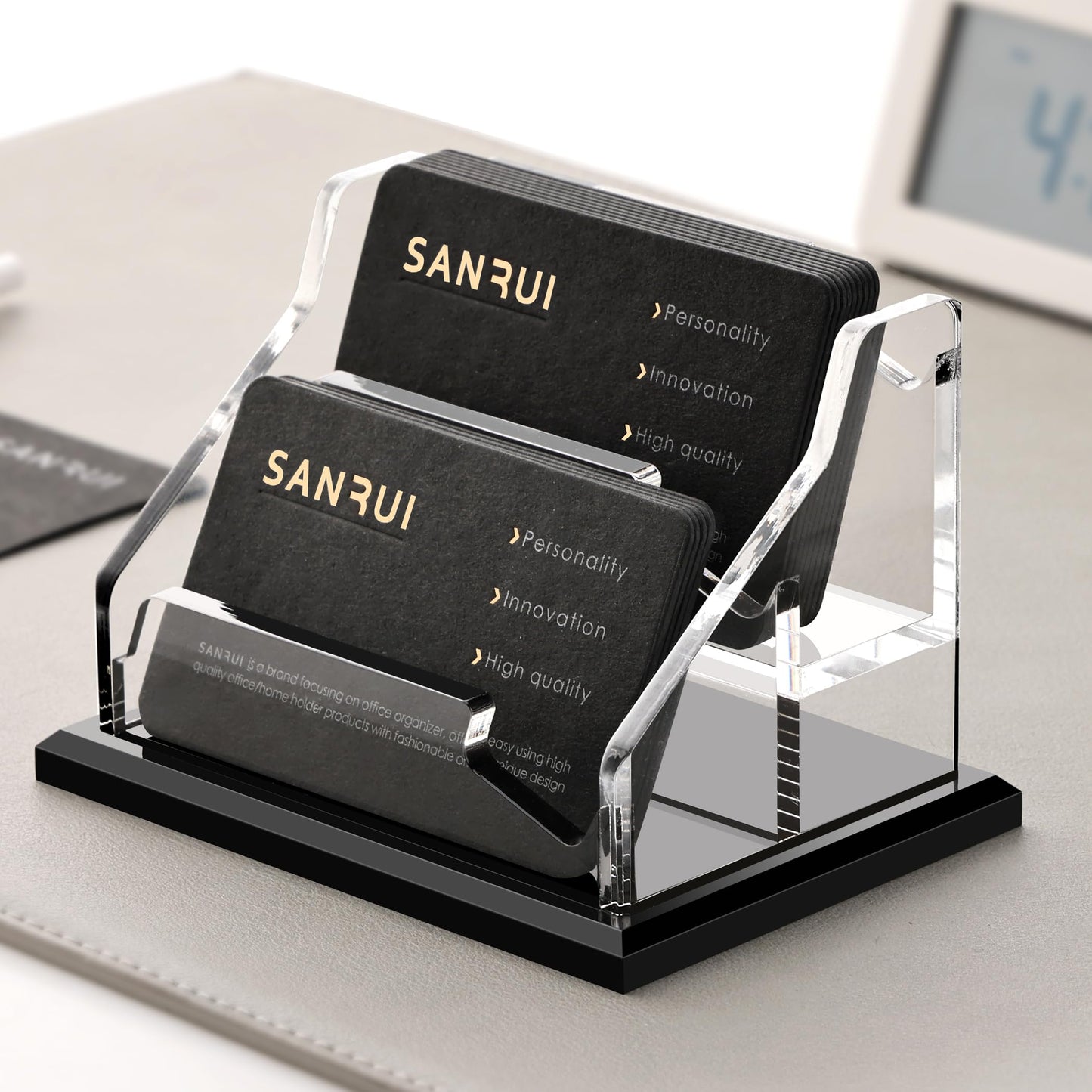 SANRUI Black Business Card Holder for Desk 2 Slot , Clear Acrylic Horizontal Name Card Stand for Women and Men, Desktop Organizer Display for Office Home Exhibition - 120 Card Capacity 1 Pack
