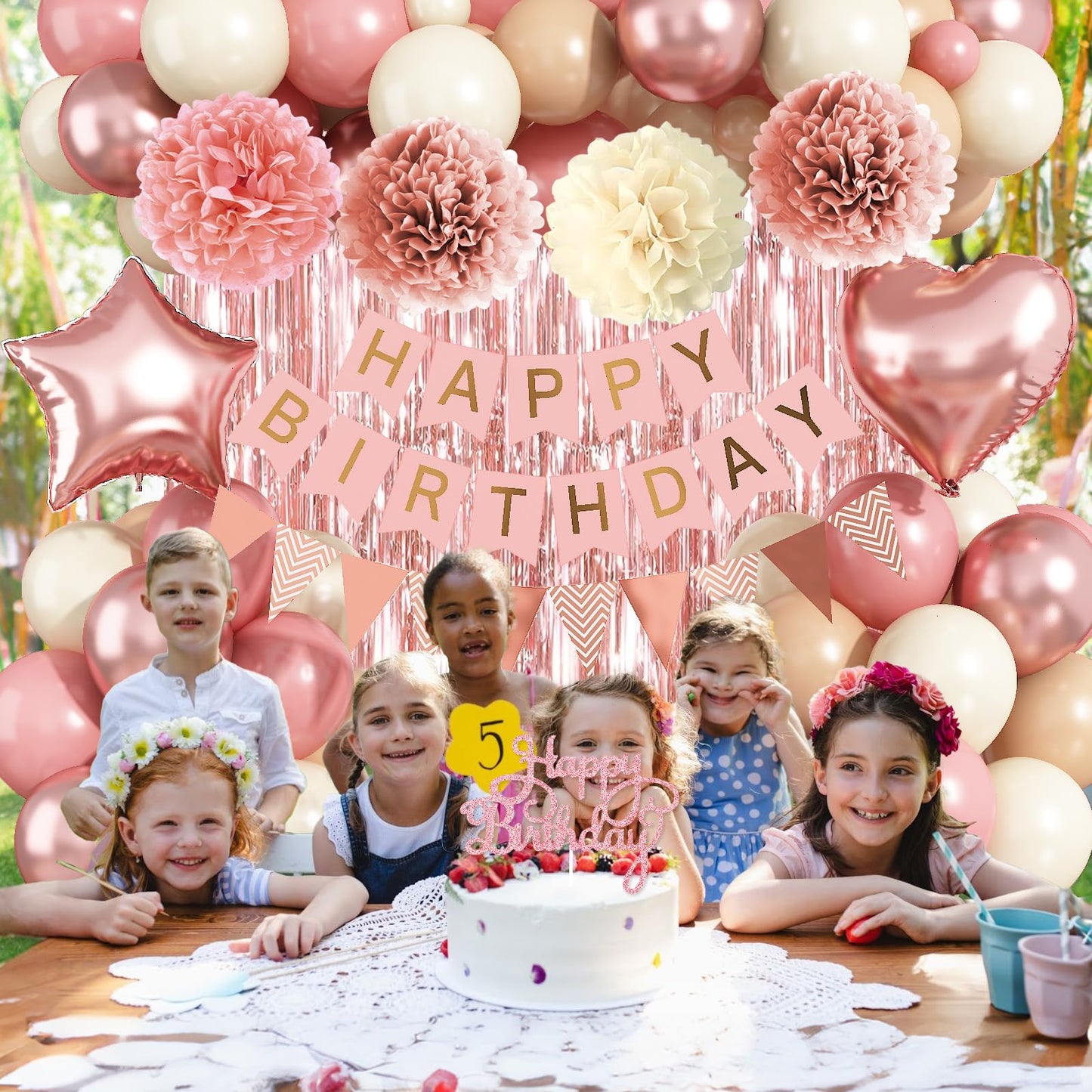 Blush Pink Birthday Decorations, Rose Gold Nude Party Décor with Foil & Latex Balloons Sash Fringe Curtains Happy Birthday Banner Cake Topper Paper Pompoms Party Decor for Women Girl