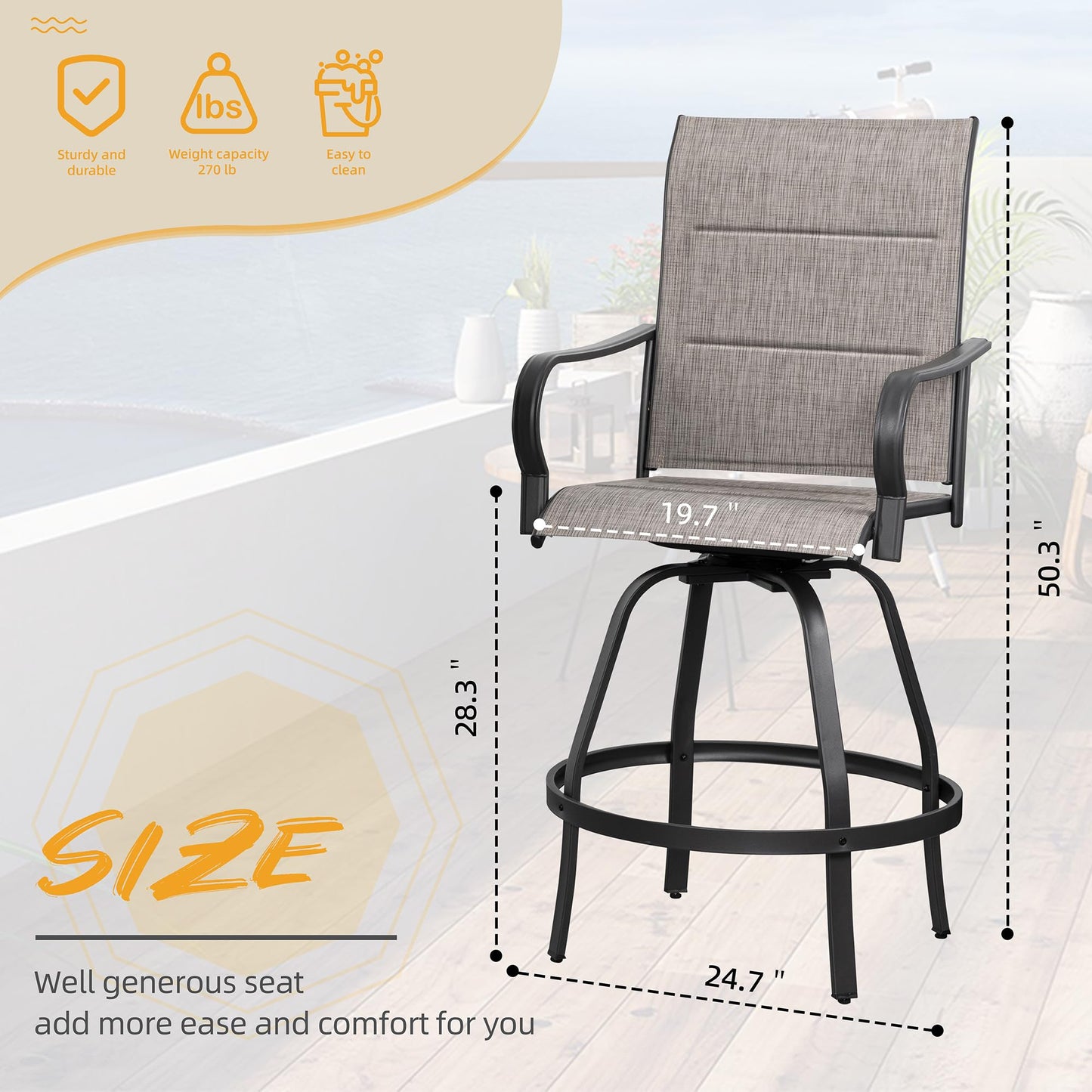 Shintenchi 2 Piece Patio Swivel Bar Chairs, All Weather Padded Textile Outdoor Metal Bar Stools Patio Chairs Set of 2, High Top Bistro Set Furniture for Balcony, Backyard, Lawn Garden, Deck, Taupe
