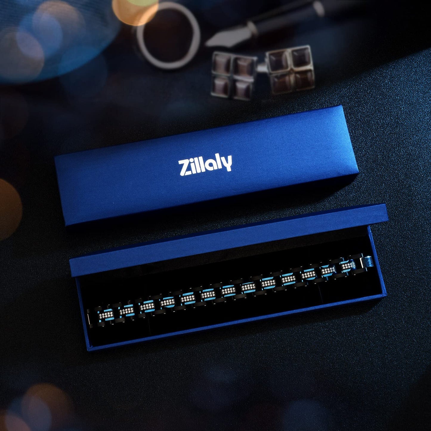 Ziallay Link initial bracelet hip hop jewel gift men Ms. Christmas birthday jewel gift boyfriend son fashion bracelet, diamond, double tone bracelet. (Blue black)