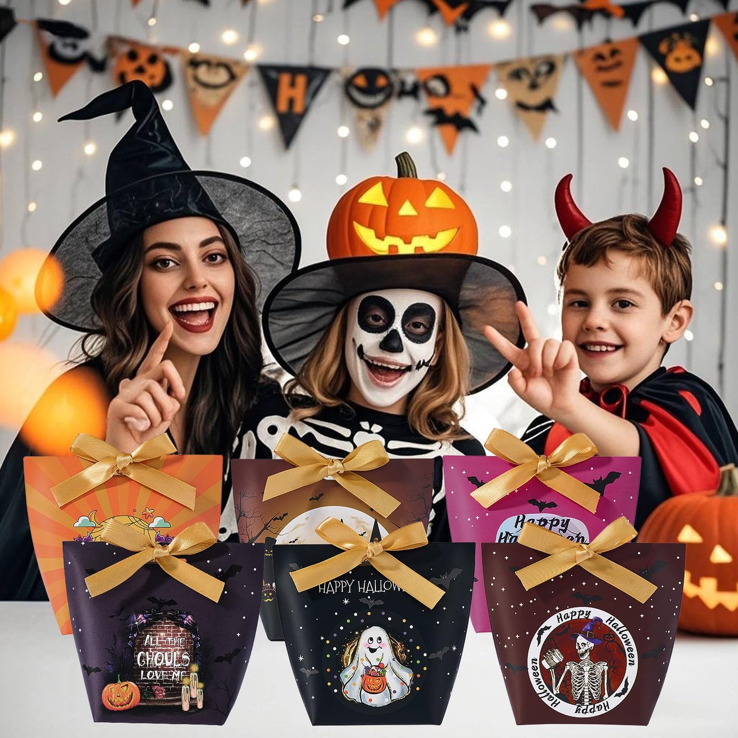 JCXGRVC 48Pcs Halloween Treat Boxes with Ribbons,6 Patterns Gift Bags for Kids Coworkers Decorations Boxes Party Favors Boxes