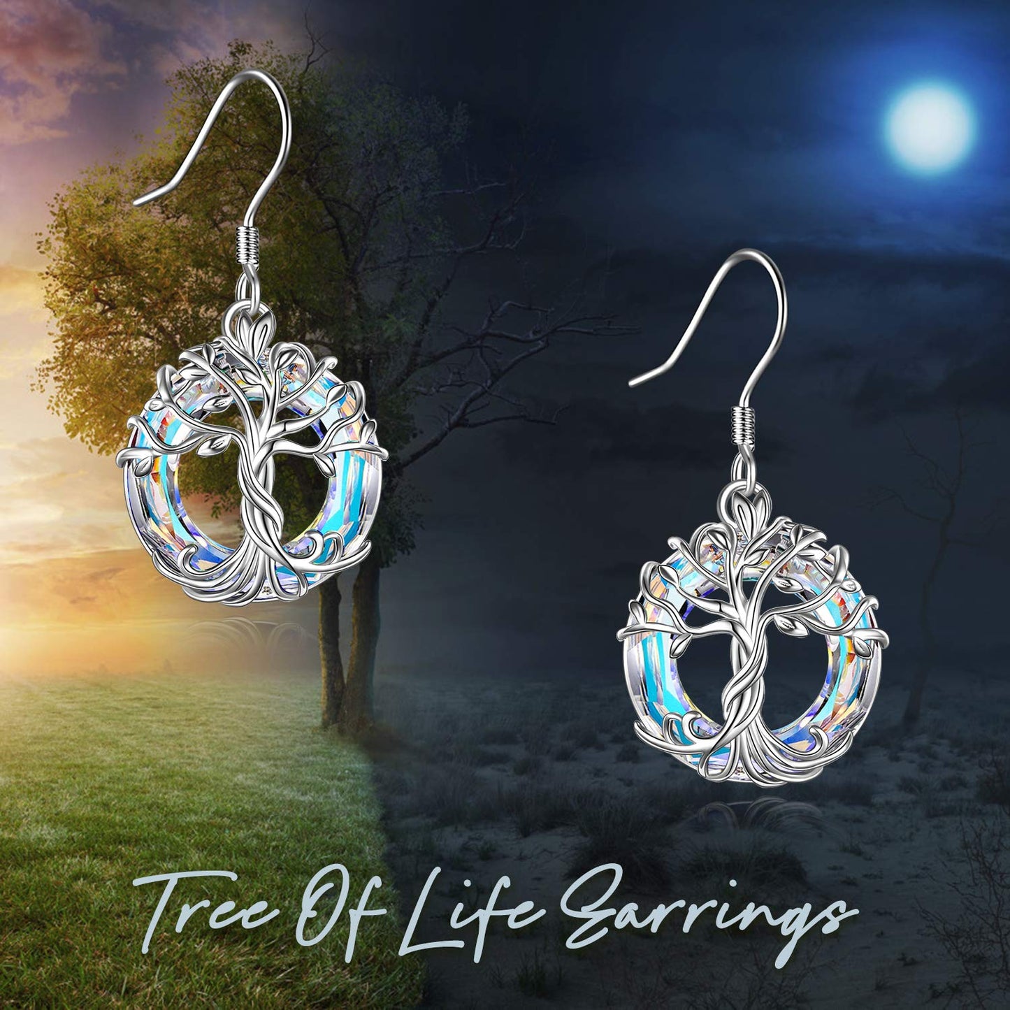TOUPOP Tree of Life Earrings for Women Sterling Silver Family Tree Drop Dangle Earrings White Circle Crystal Jewelry Birthday Mothers Day Gifts for Women Mom Her