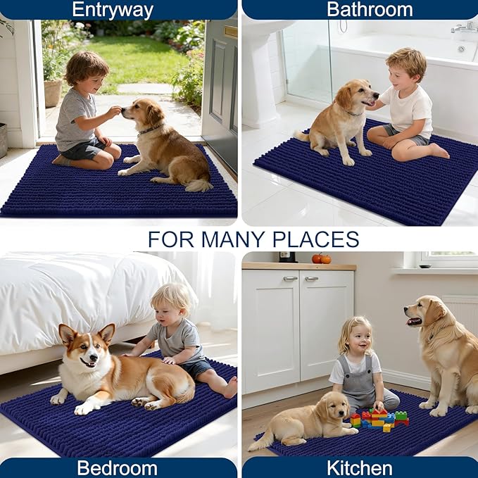 OLANLY Dog Door Mat for Muddy Paws 40x32, Ultra Absorbent Chenille Mud Doormat, Non-Slip Washable and Dirt Trapping Doormat for Indoor Entryway, Quick-Dry Indoor Pet Bed Mats for Dogs, Navy Blue