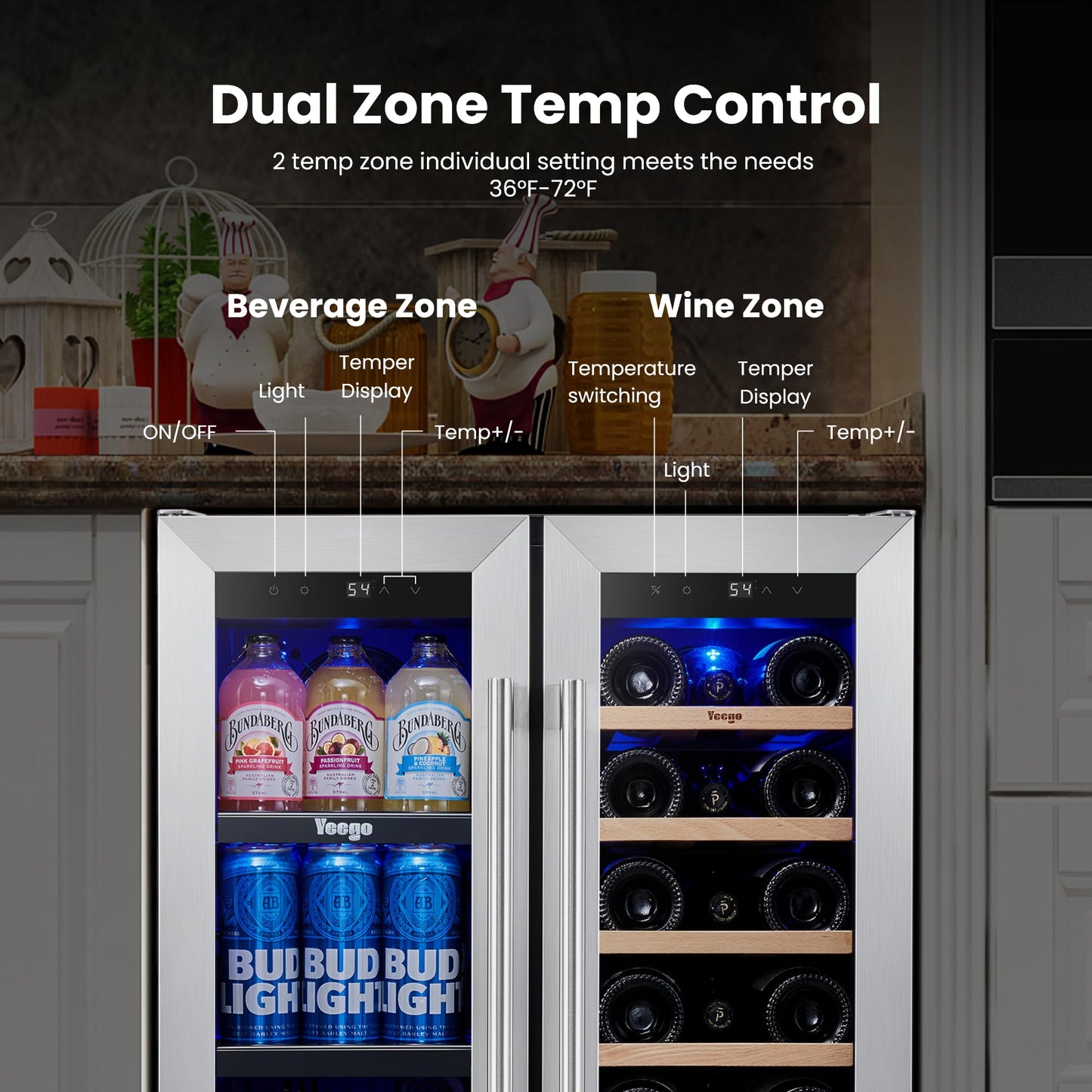 Yeego 24 Inch Wine and Beverage Cooler - 36-72°F, Holds 60 Cans & 20 Bottles Adjustable Shelves Beverage Fridge, Stainless Steel with glass Door for Built-in for Kitchen/Bar